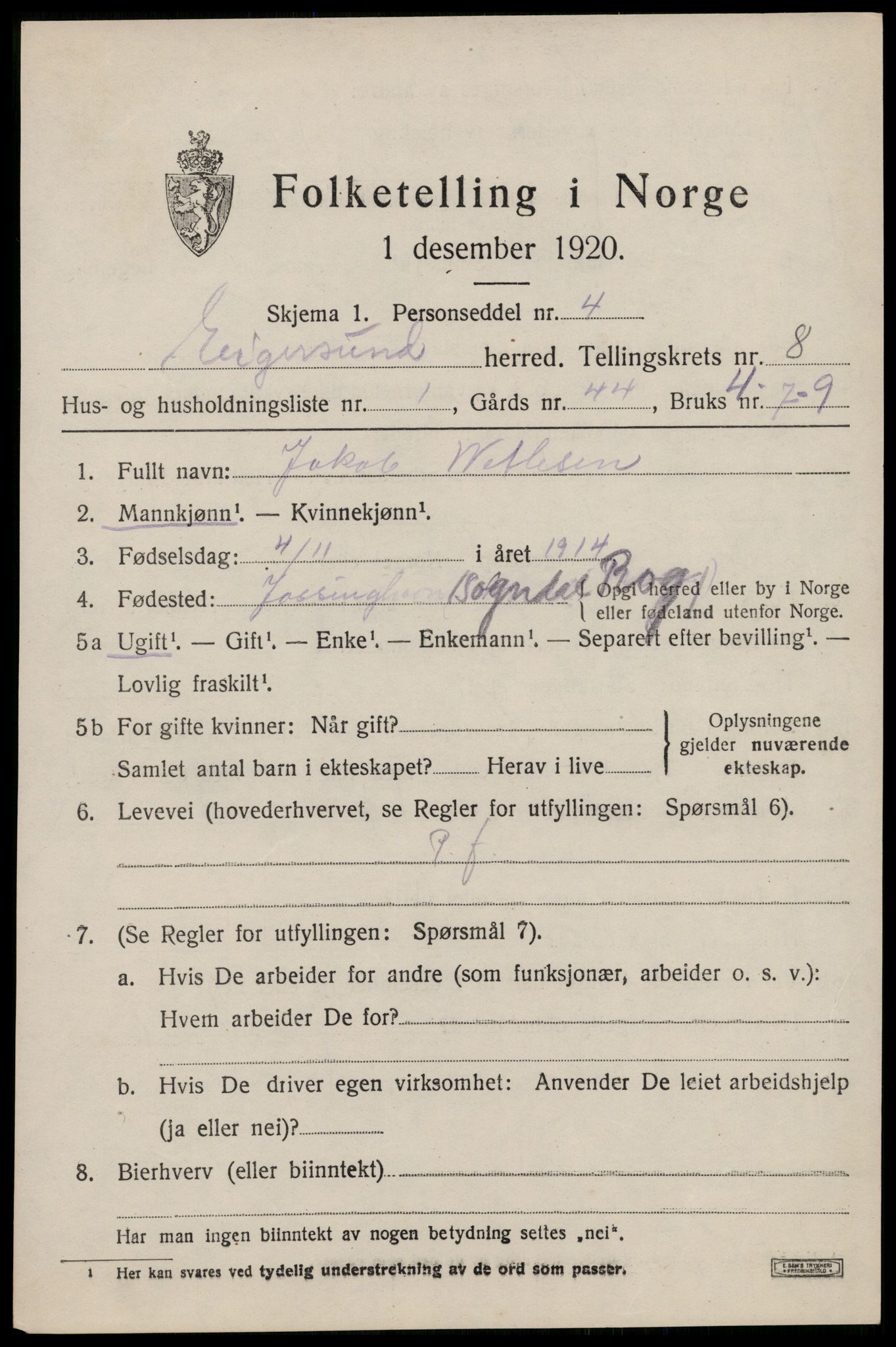 SAST, 1920 census for Eigersund, 1920, p. 5057