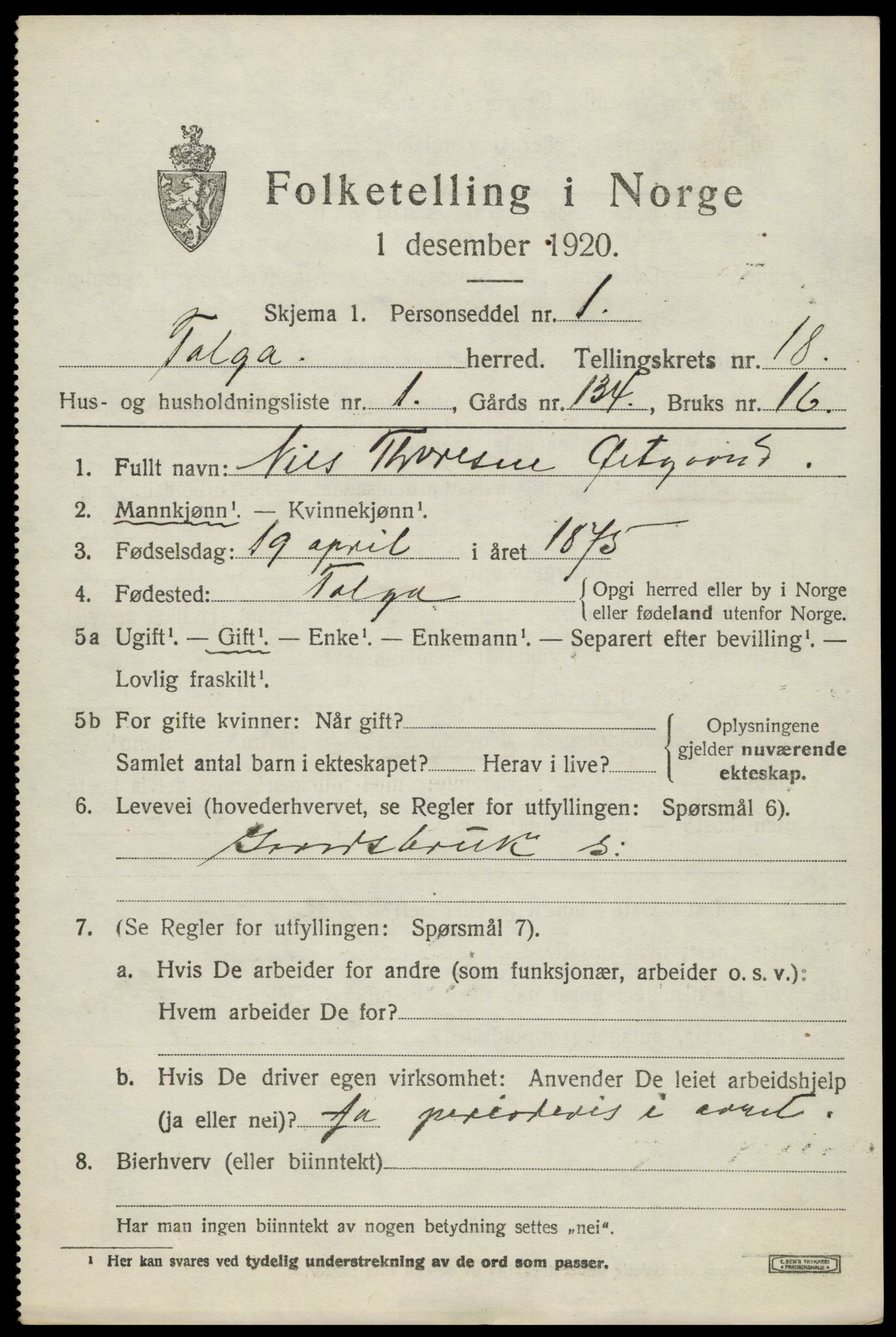 SAH, 1920 census for Tolga, 1920, p. 8263