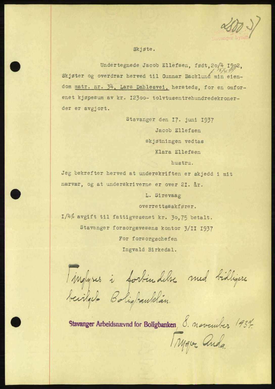 Stavanger byrett, SAST/A-100455/002/G/Gb/L0013: Mortgage book no. A3, 1937-1938, Diary no: : 2500/1937