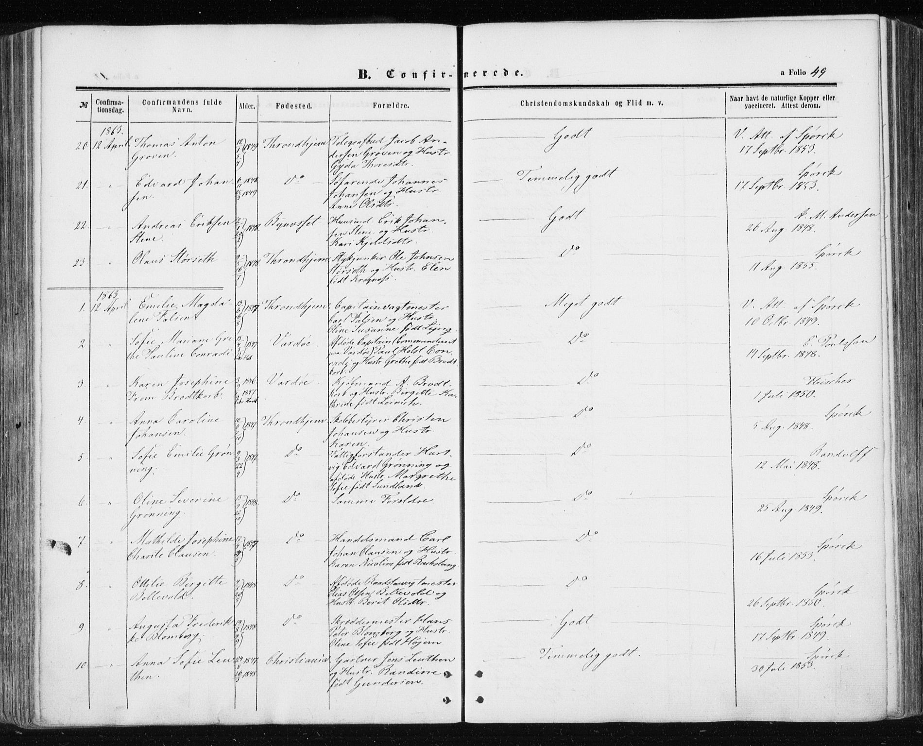 Ministerialprotokoller, klokkerbøker og fødselsregistre - Sør-Trøndelag, AV/SAT-A-1456/601/L0053: Parish register (official) no. 601A21, 1857-1865, p. 49