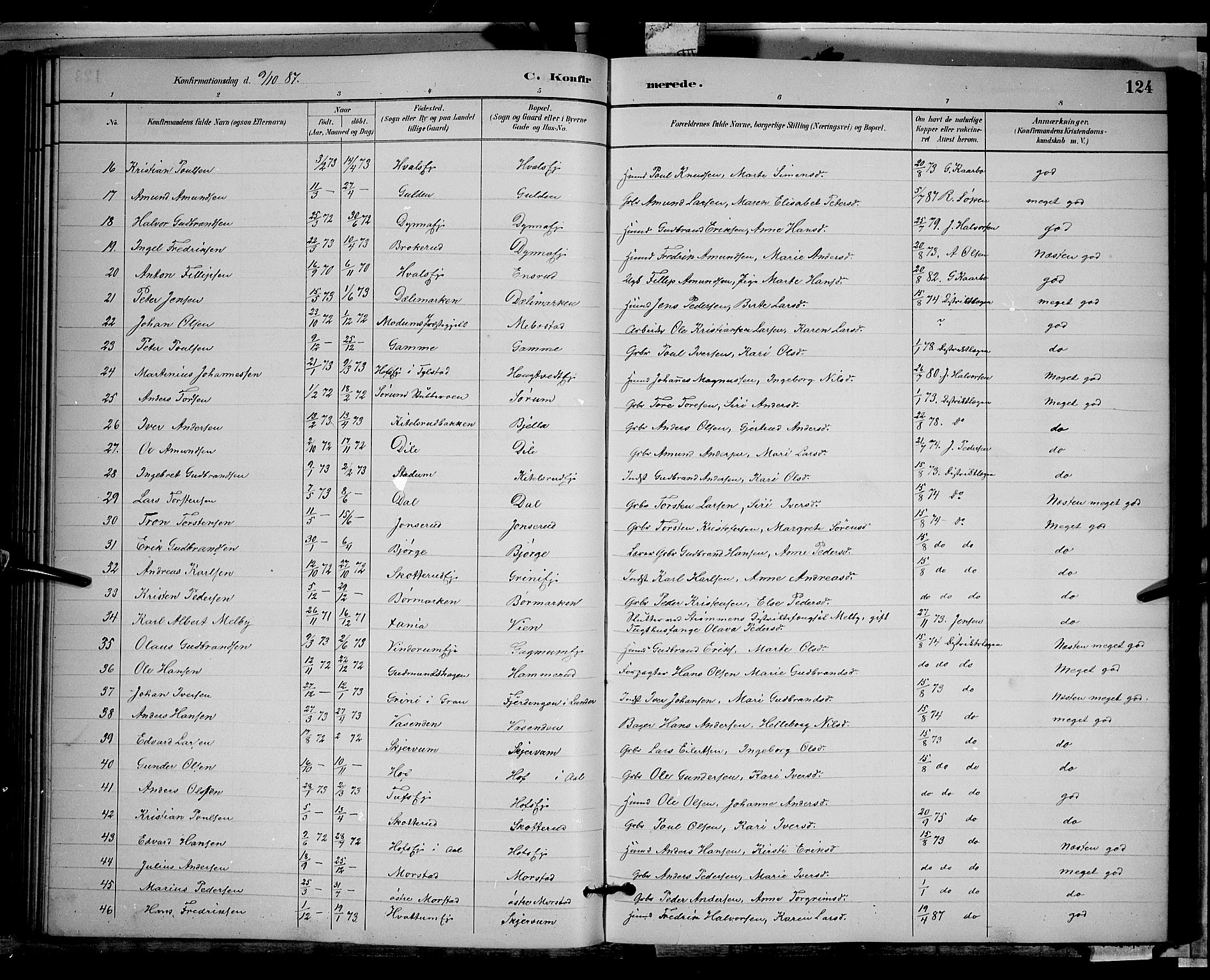 Gran prestekontor, SAH/PREST-112/H/Ha/Hab/L0002: Parish register (copy) no. 2, 1879-1892, p. 124