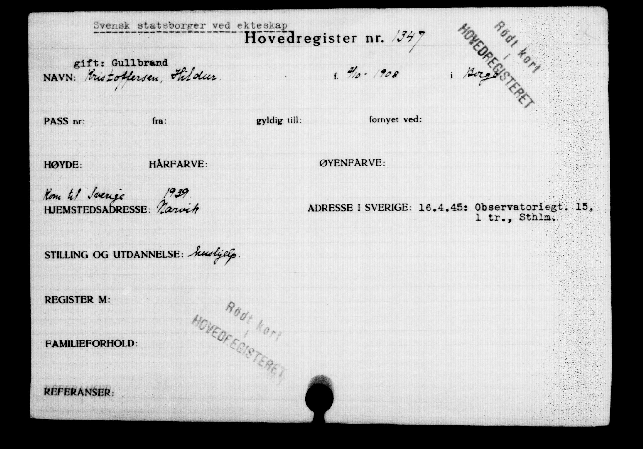 Den Kgl. Norske Legasjons Flyktningskontor, RA/S-6753/V/Va/L0002: Kjesäterkartoteket.  Flyktningenr. 1001-2000, 1940-1945, p. 506