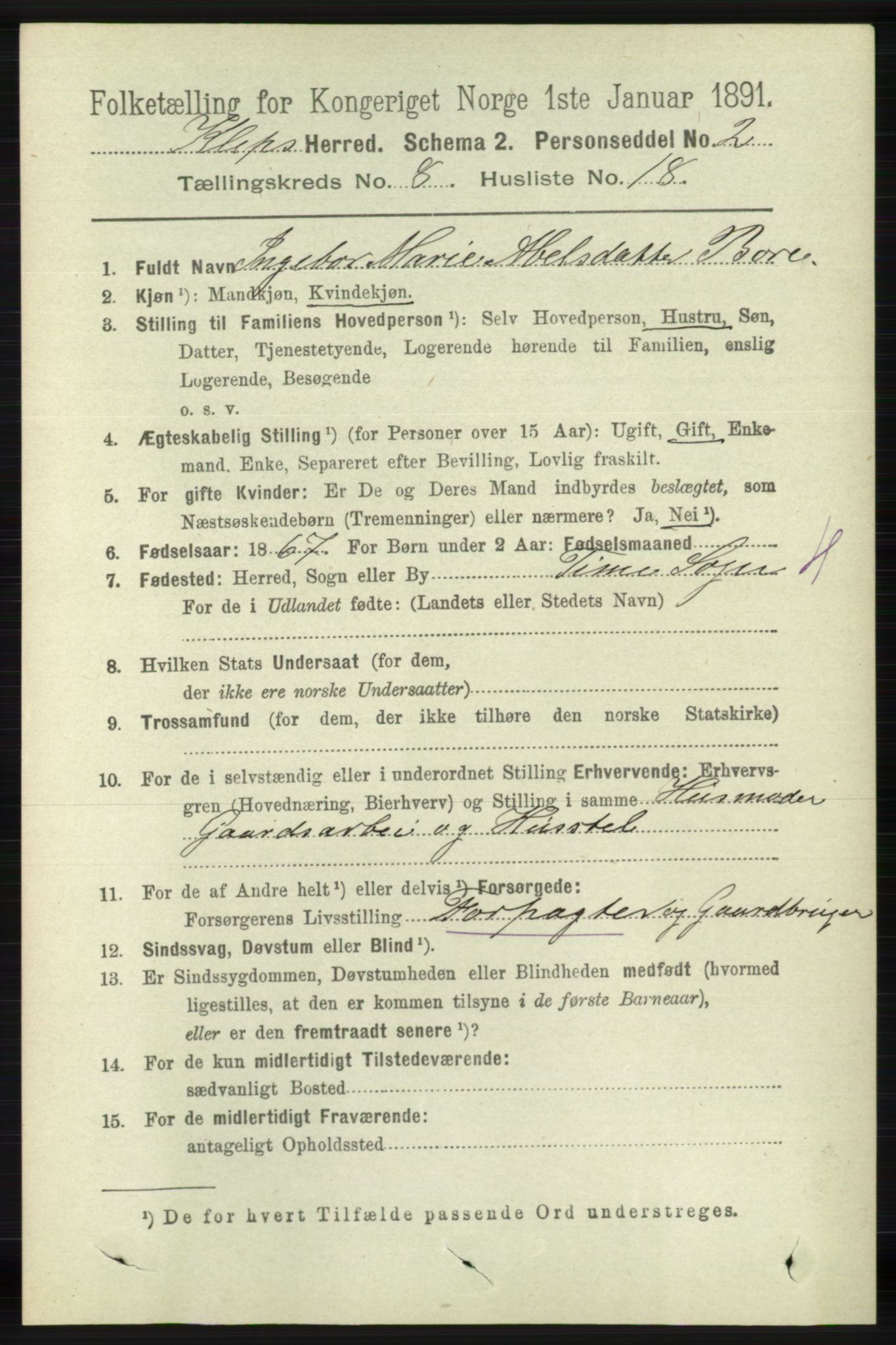RA, 1891 census for 1120 Klepp, 1891, p. 2629