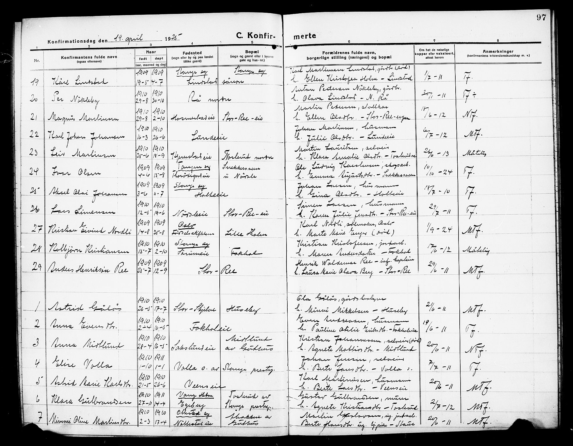 Stange prestekontor, AV/SAH-PREST-002/L/L0016: Parish register (copy) no. 16, 1918-1928, p. 97