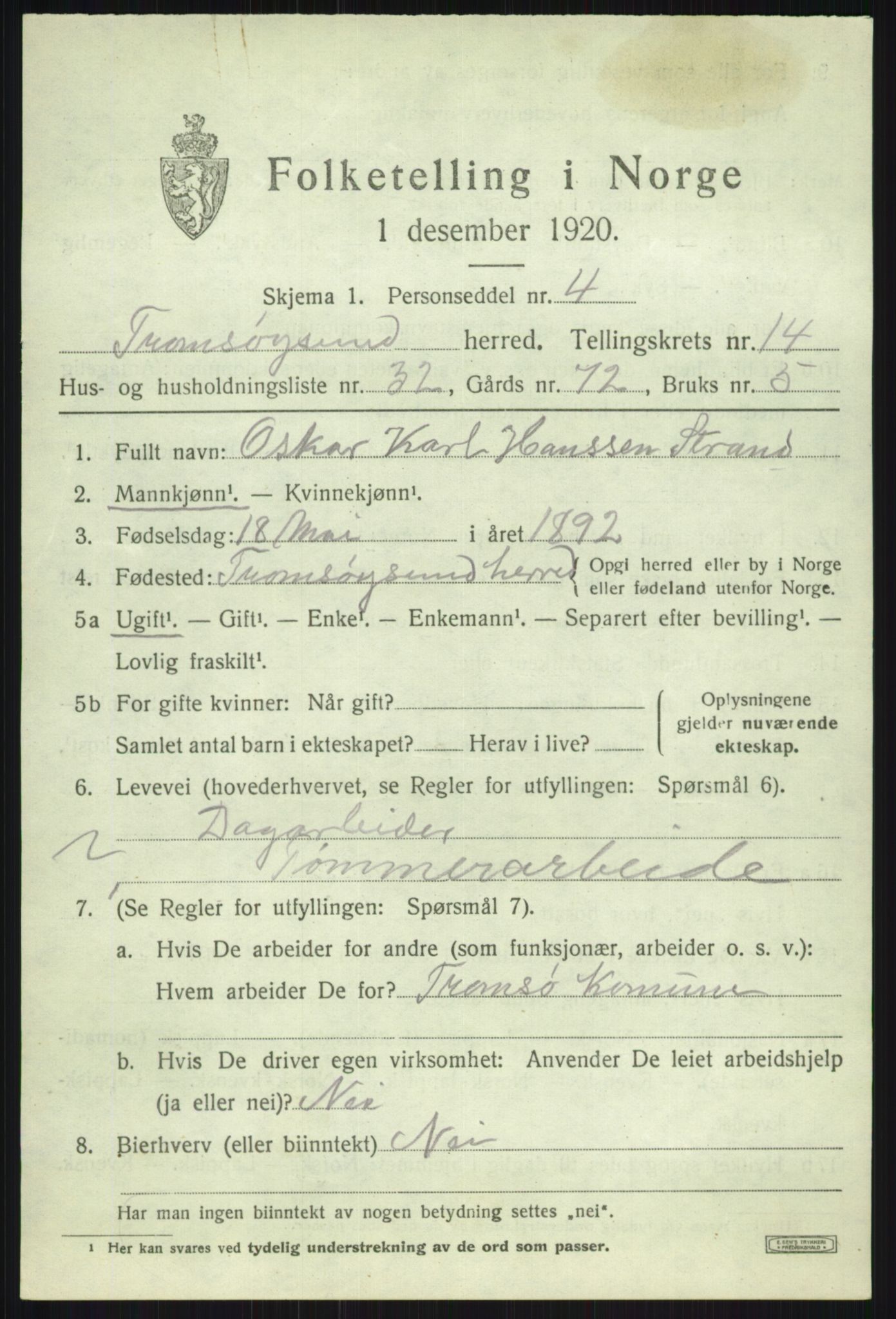 SATØ, 1920 census for Tromsøysund, 1920, p. 8888