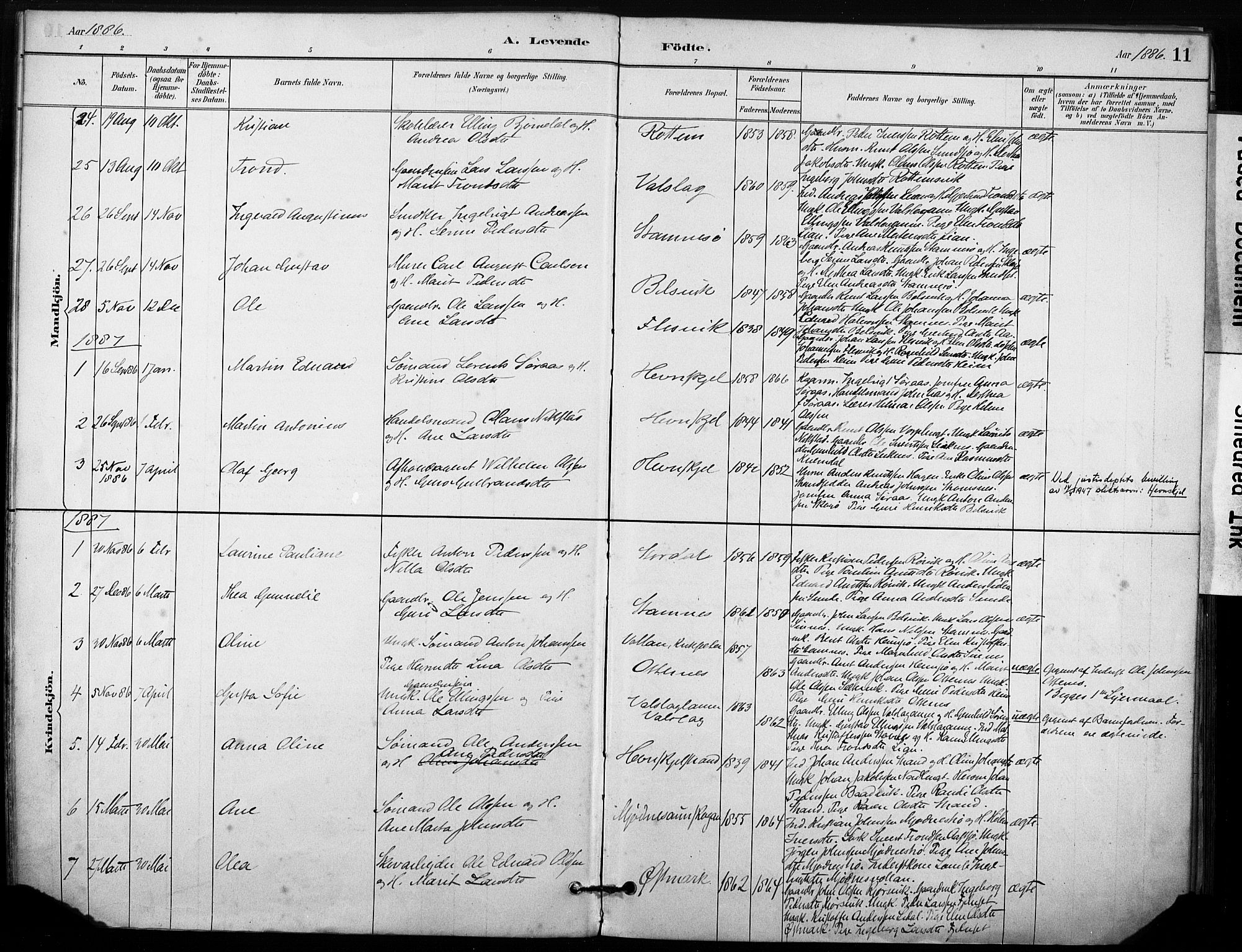 Ministerialprotokoller, klokkerbøker og fødselsregistre - Sør-Trøndelag, SAT/A-1456/633/L0518: Parish register (official) no. 633A01, 1884-1906, p. 11