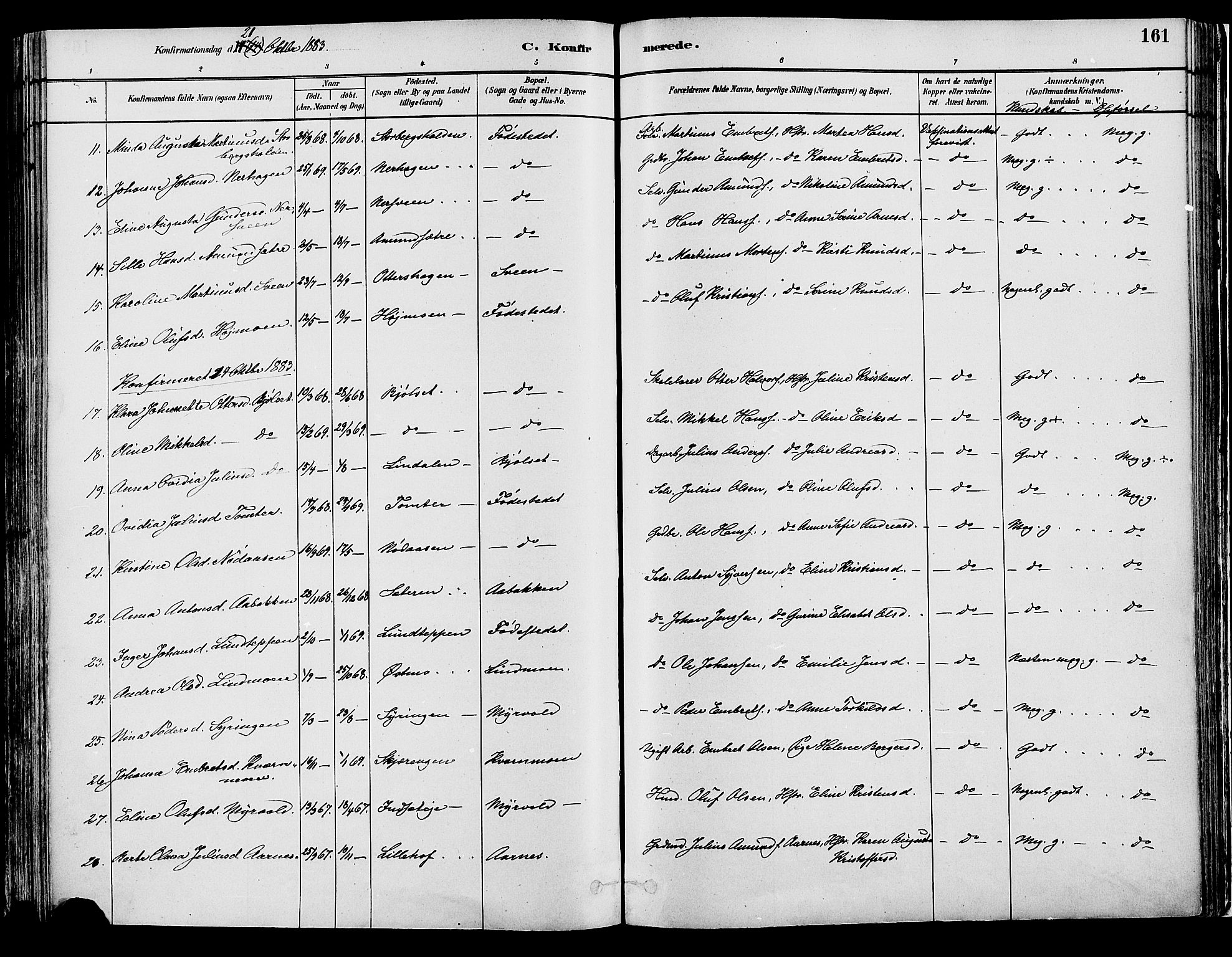 Elverum prestekontor, AV/SAH-PREST-044/H/Ha/Haa/L0013: Parish register (official) no. 13, 1880-1890, p. 161