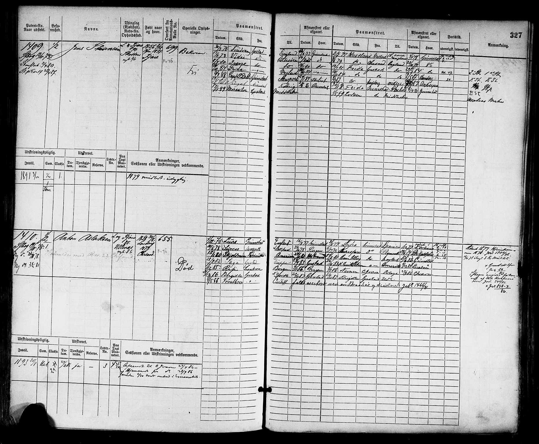 Grimstad mønstringskrets, SAK/2031-0013/F/Fb/L0002: Hovedrulle nr 759-1517, F-5, 1869-1877, p. 337