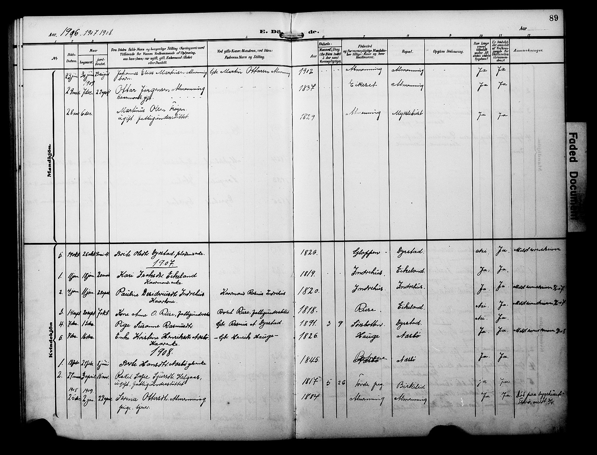 Davik sokneprestembete, AV/SAB-A-79701/H/Hab/Habb/L0001: Parish register (copy) no. B 1, 1903-1928, p. 89