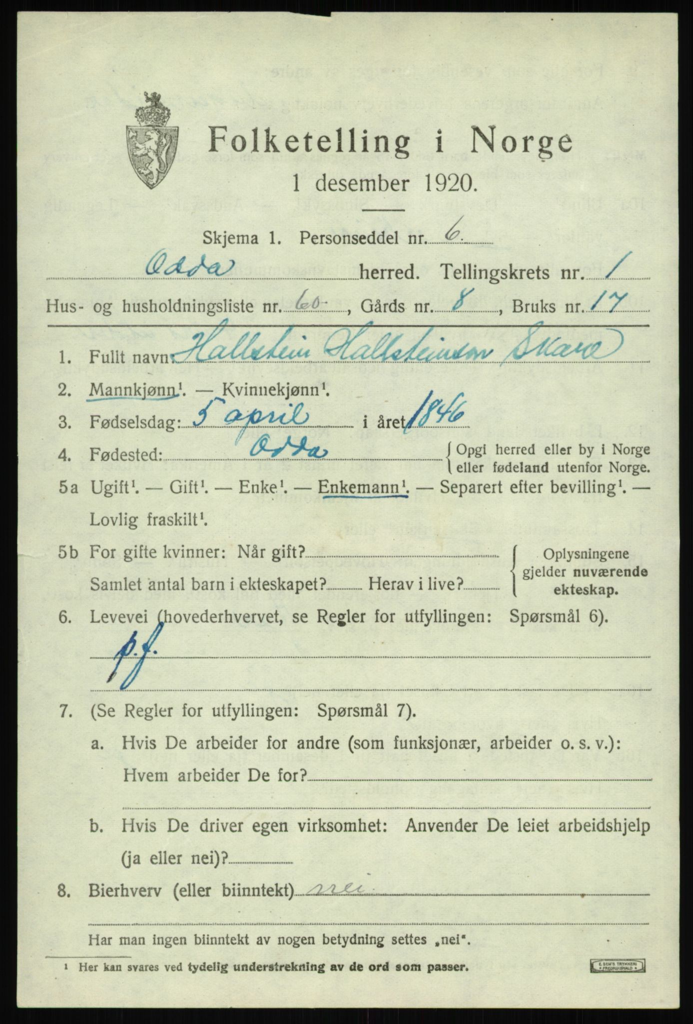 SAB, 1920 census for Odda, 1920, p. 1841