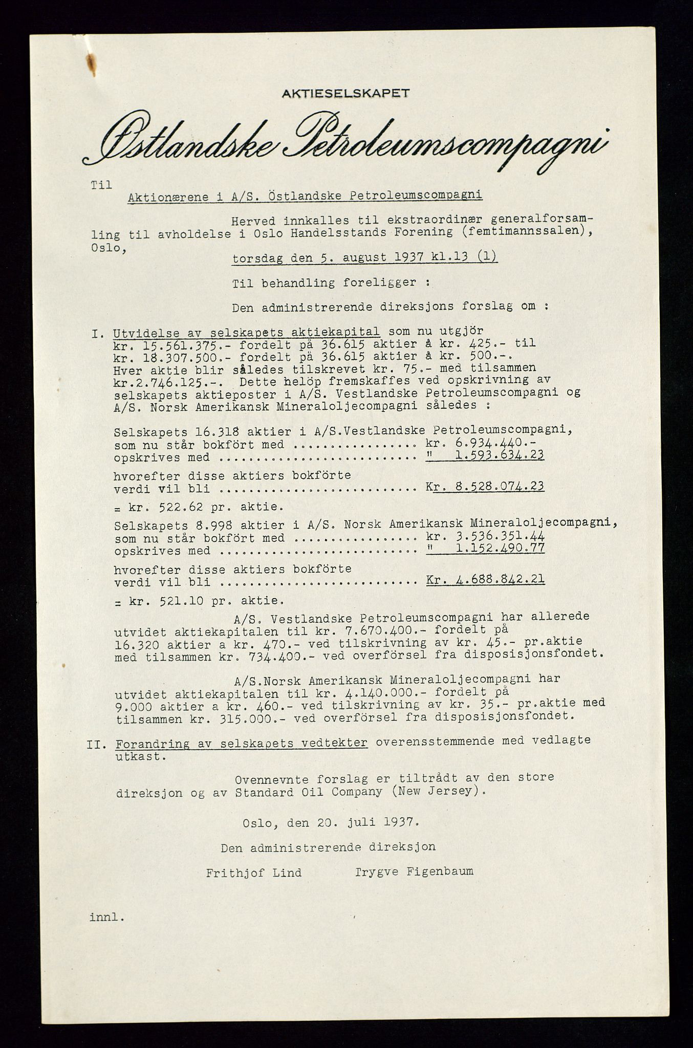 PA 1534 - Østlandske Petroleumscompagni A/S, SAST/A-101954/A/Aa/L0002/0007: Generalforsamlinger. / Ekstraordinær generalforsamling, 1937, p. 2