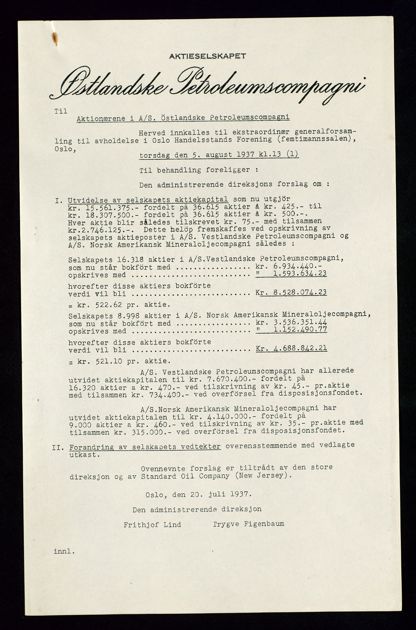 PA 1534 - Østlandske Petroleumscompagni A/S, AV/SAST-A-101954/A/Aa/L0002/0007: Generalforsamlinger. / Ekstraordinær generalforsamling, 1937, p. 2