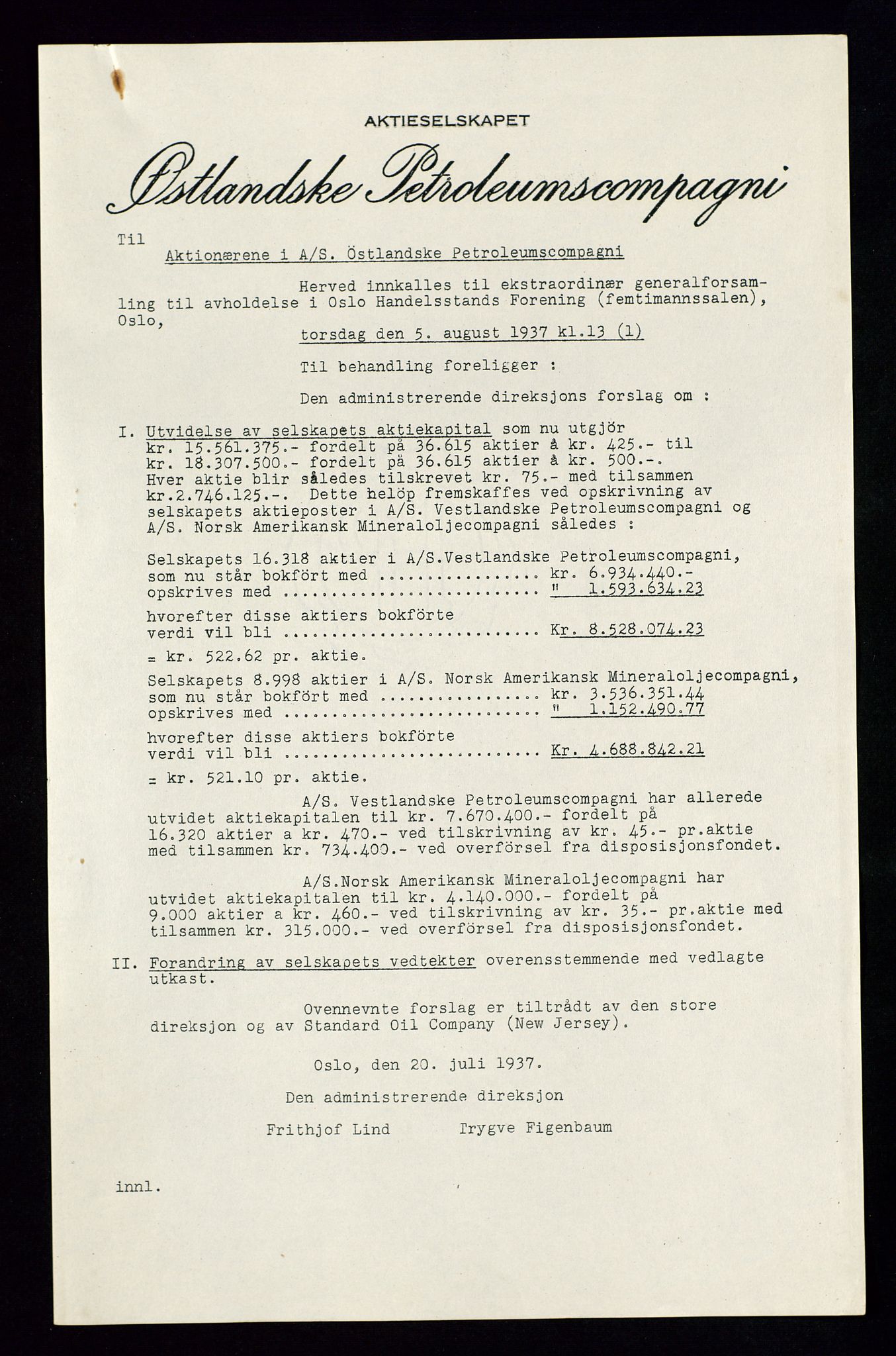 PA 1534 - Østlandske Petroleumscompagni A/S, AV/SAST-A-101954/A/Aa/L0002/0007: Generalforsamlinger. / Ekstraordinær generalforsamling, 1937, p. 2