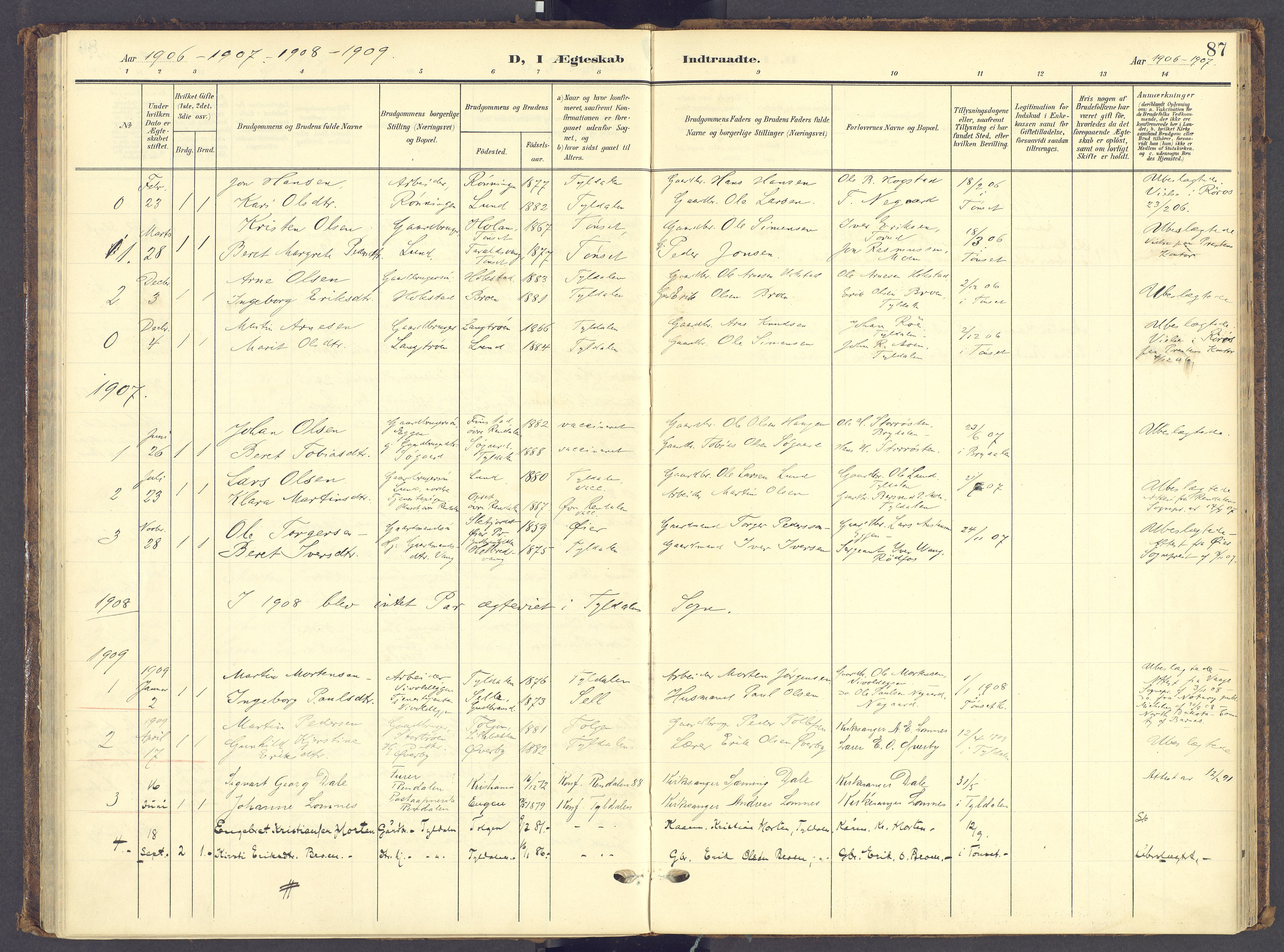 Tynset prestekontor, AV/SAH-PREST-058/H/Ha/Haa/L0028: Parish register (official) no. 28, 1902-1929, p. 87