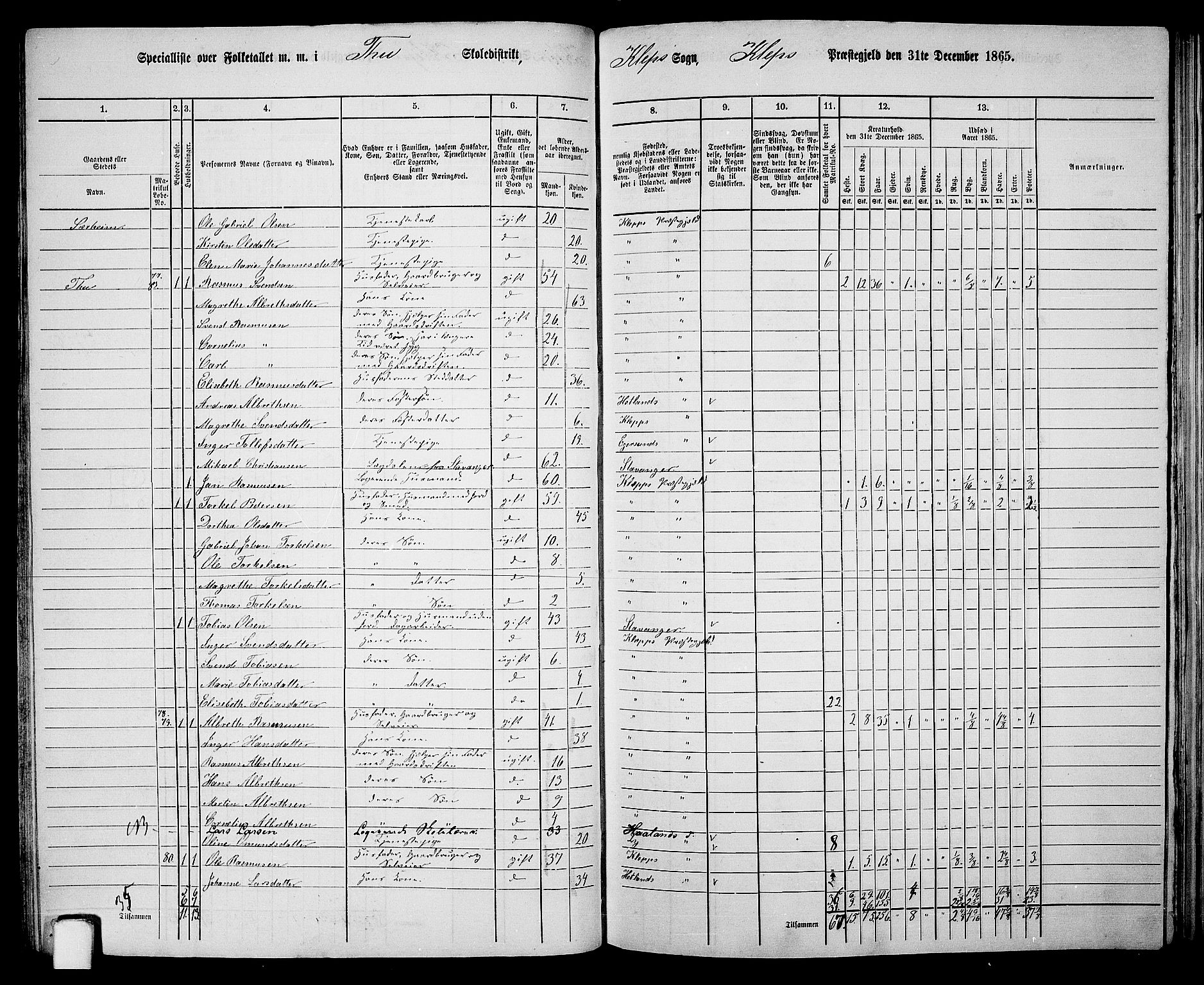 RA, 1865 census for Klepp, 1865, p. 43