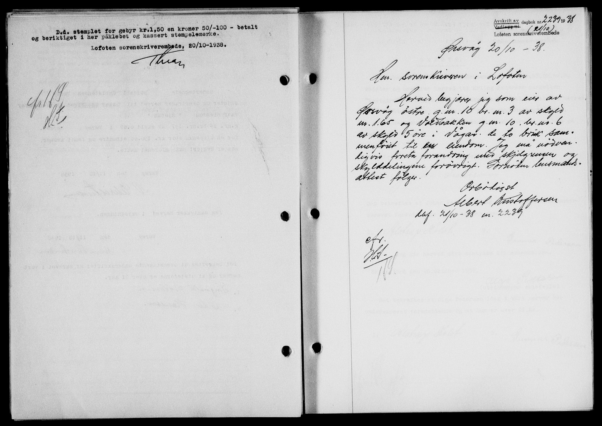 Lofoten sorenskriveri, SAT/A-0017/1/2/2C/L0004a: Mortgage book no. 4a, 1938-1938, Diary no: : 2239/1938