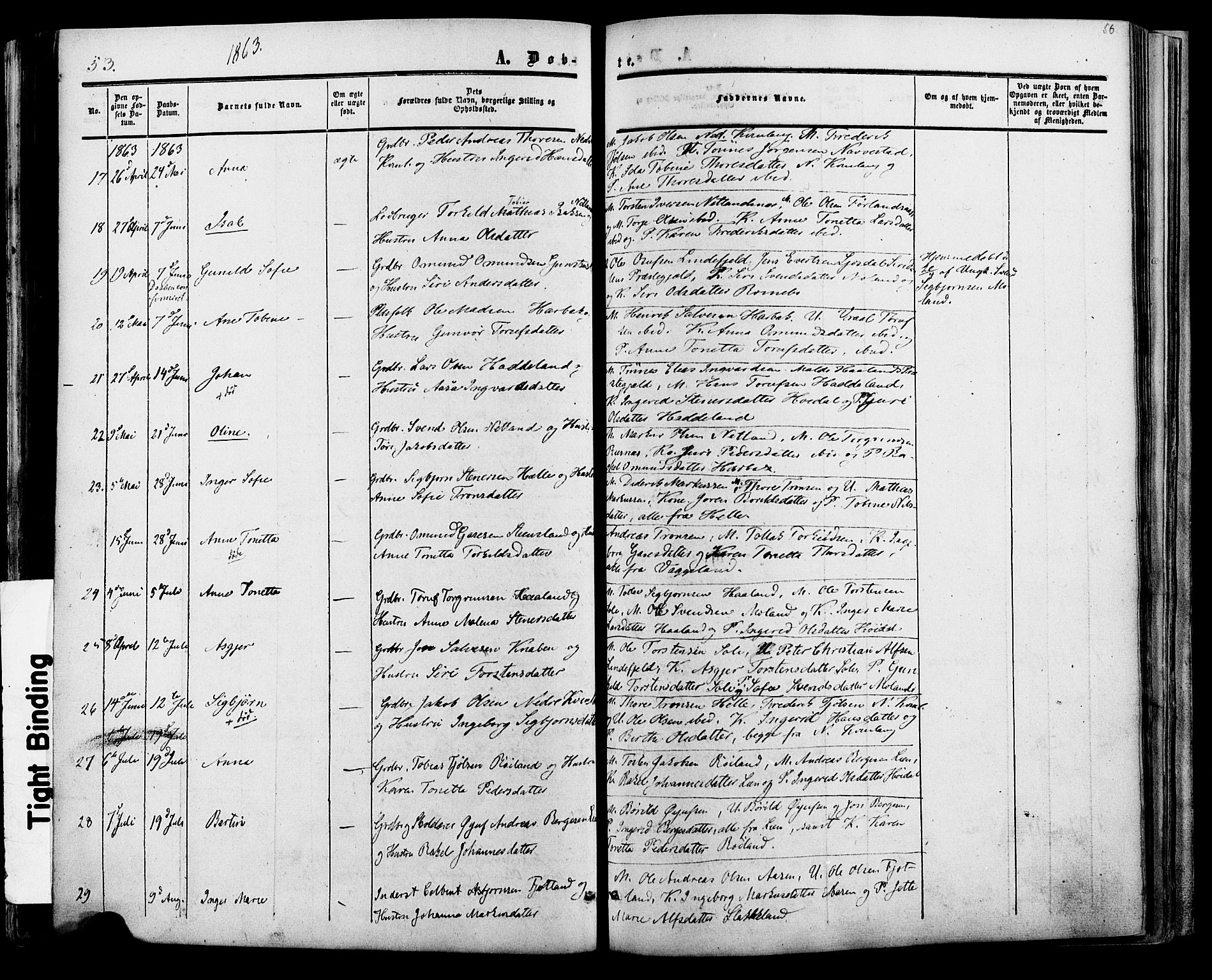 Fjotland sokneprestkontor, AV/SAK-1111-0010/F/Fa/L0001: Parish register (official) no. A 1, 1850-1879, p. 56