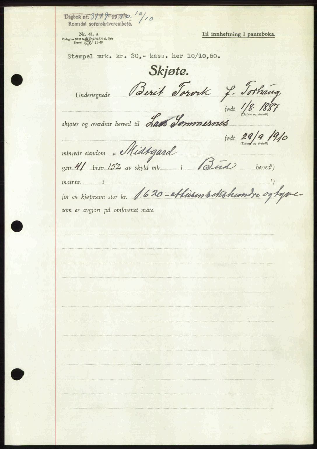 Romsdal sorenskriveri, AV/SAT-A-4149/1/2/2C: Mortgage book no. A34, 1950-1950, Diary no: : 3119/1950