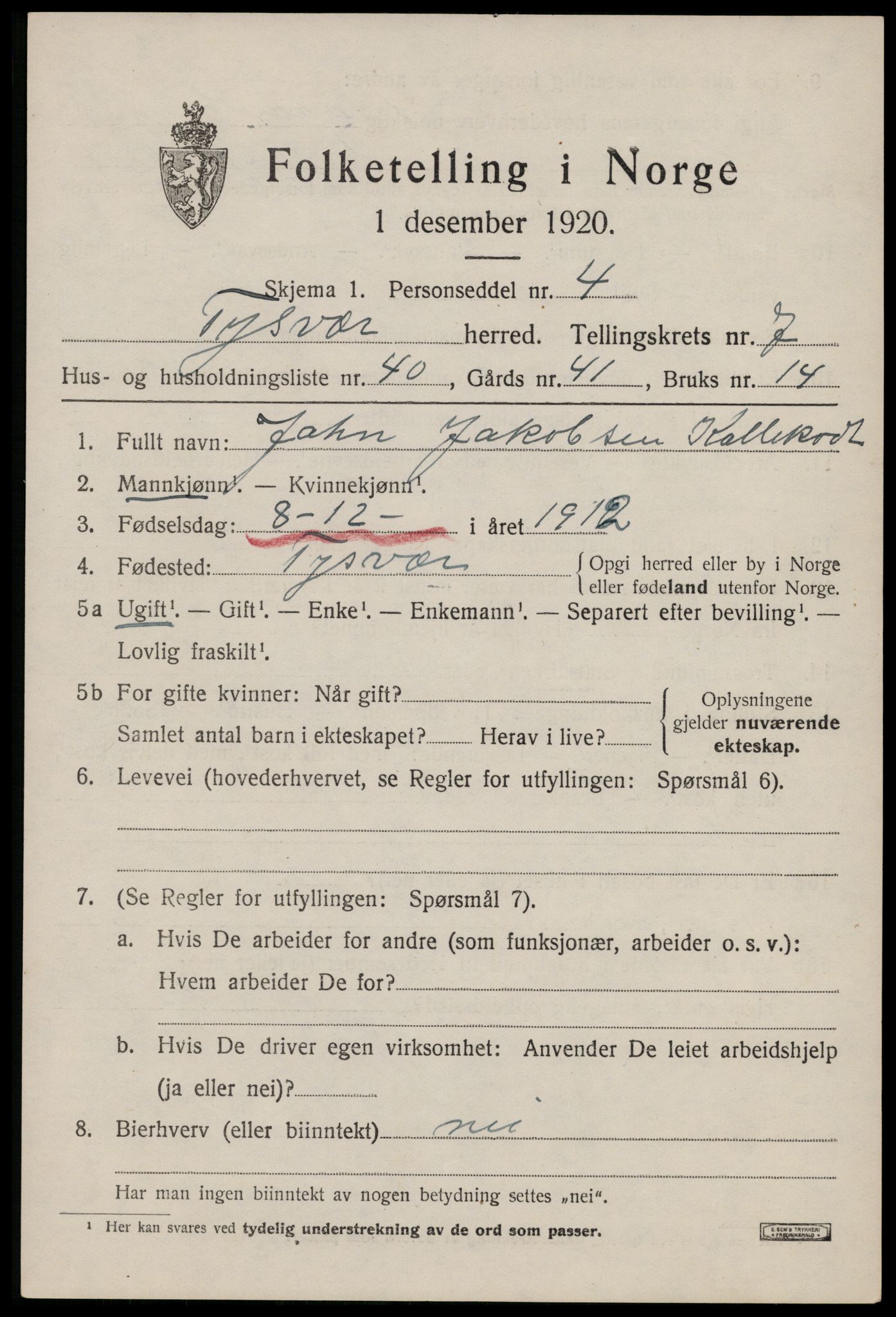 SAST, 1920 census for Tysvær, 1920, p. 2826