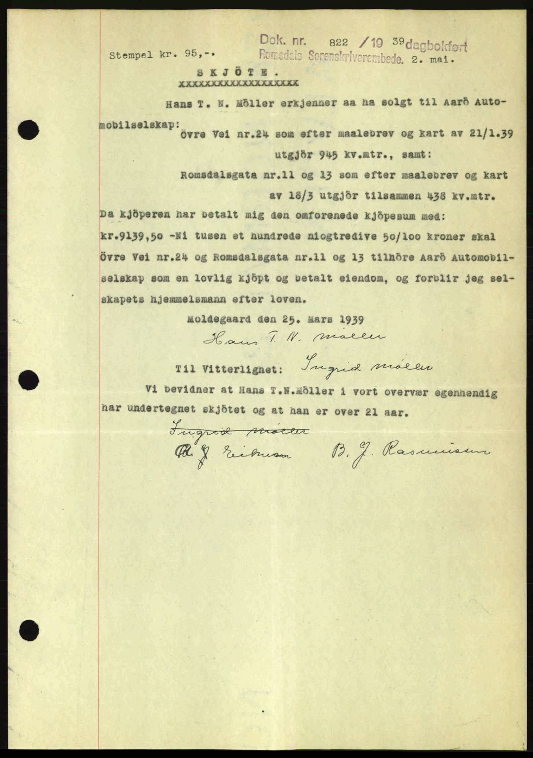 Romsdal sorenskriveri, AV/SAT-A-4149/1/2/2C: Mortgage book no. A6, 1938-1939, Diary no: : 822/1939