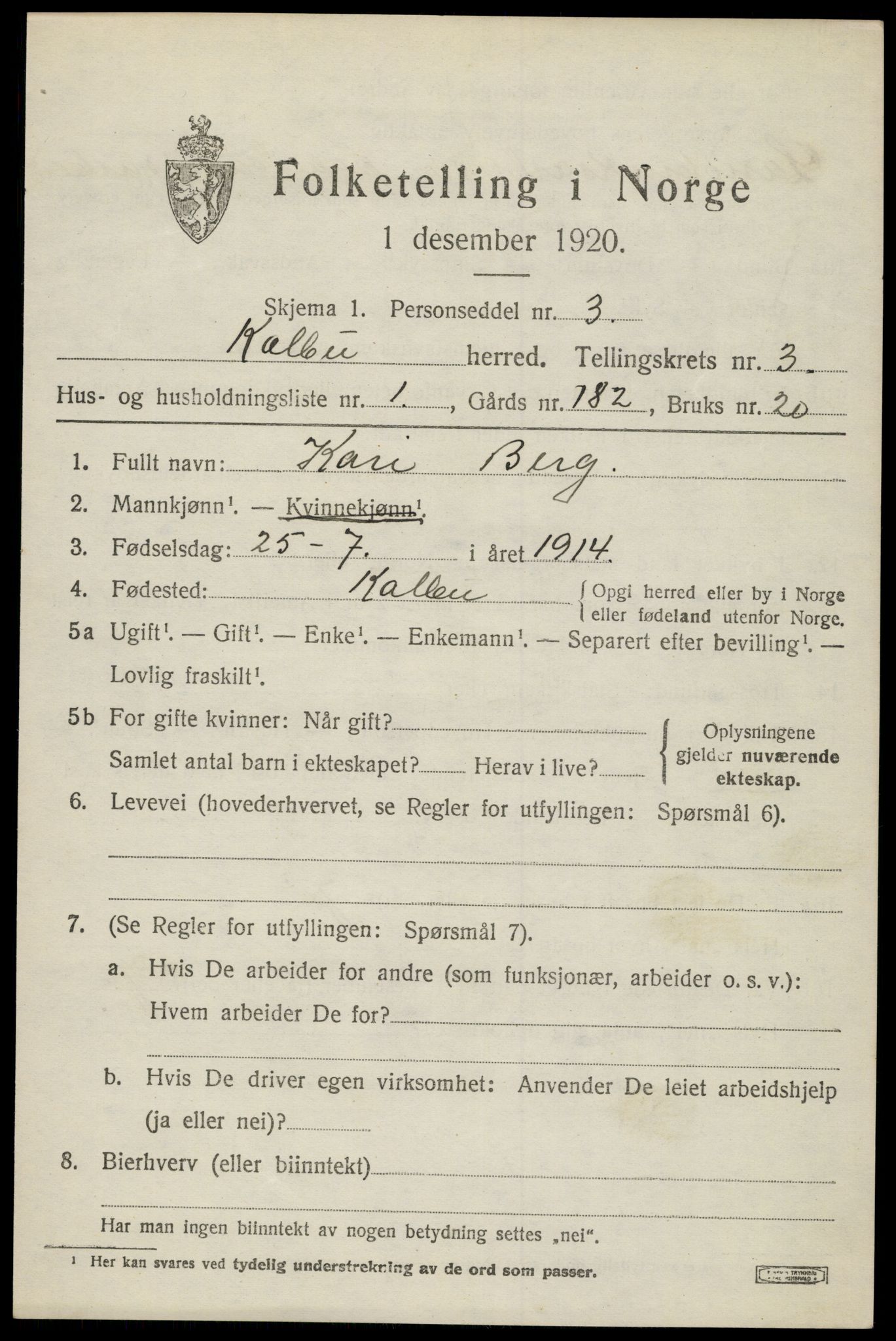 SAH, 1920 census for Kolbu, 1920, p. 2450