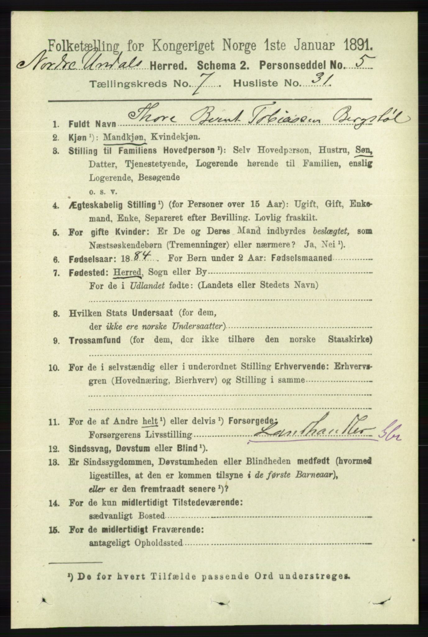 RA, 1891 census for 1028 Nord-Audnedal, 1891, p. 1976