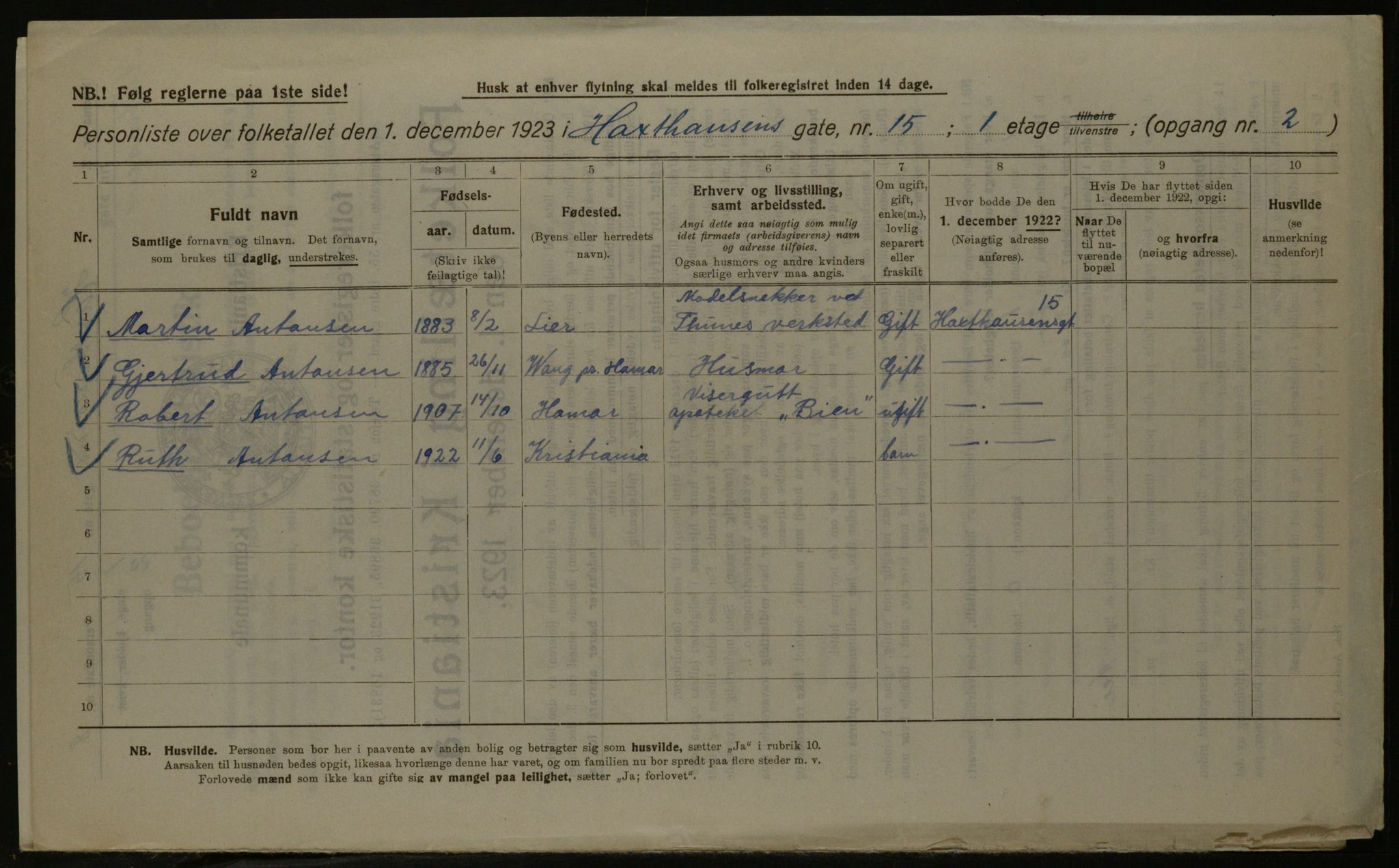 OBA, Municipal Census 1923 for Kristiania, 1923, p. 39850