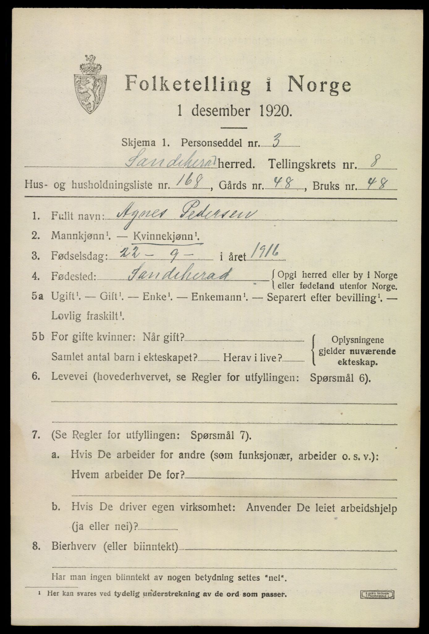 SAKO, 1920 census for Sandeherred, 1920, p. 14250