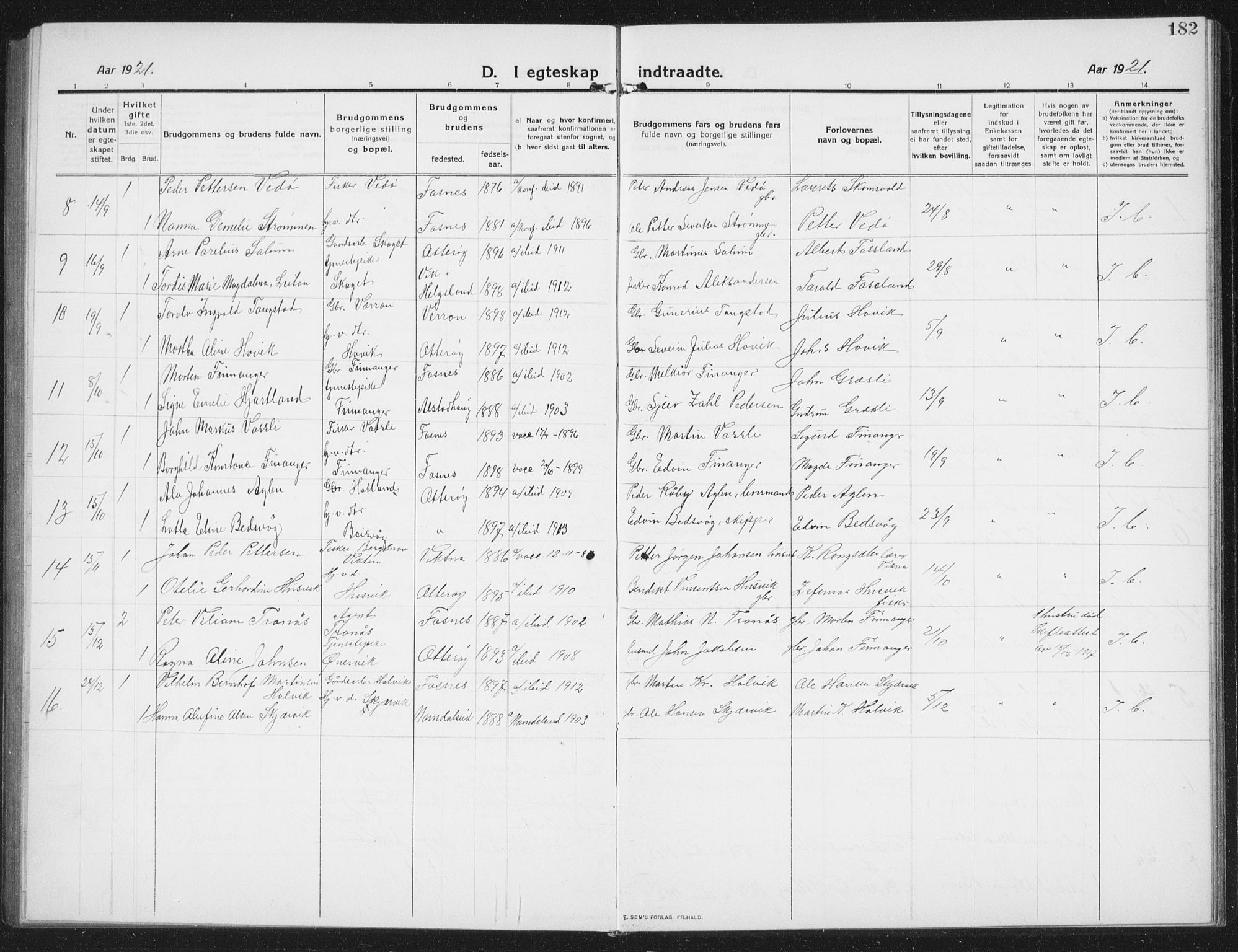 Ministerialprotokoller, klokkerbøker og fødselsregistre - Nord-Trøndelag, AV/SAT-A-1458/774/L0630: Parish register (copy) no. 774C01, 1910-1934, p. 182