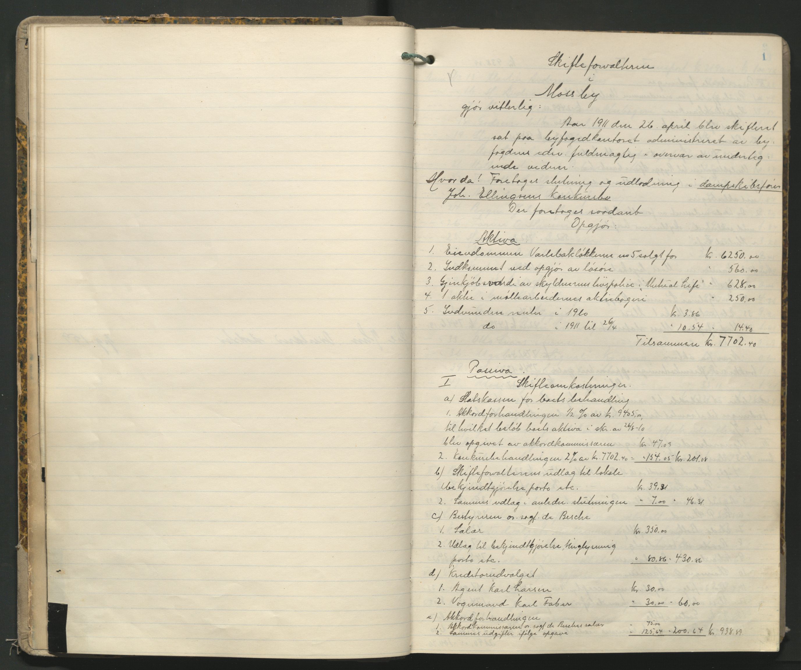 Moss byfogd, AV/SAO-A-10863/H/He/L0006: Skifteutlodningsprotokoll, 1911-1927, p. 1