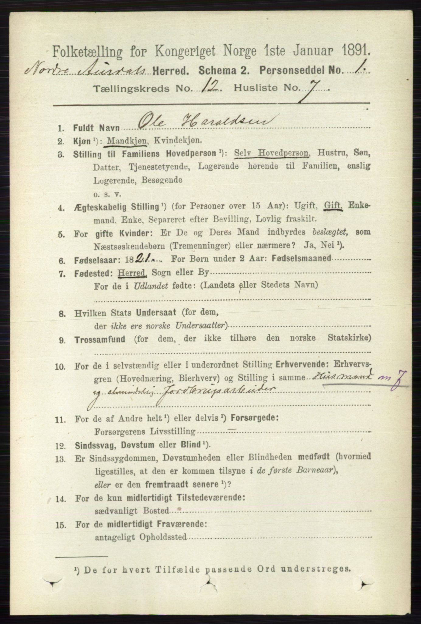 RA, 1891 census for 0542 Nord-Aurdal, 1891, p. 4532