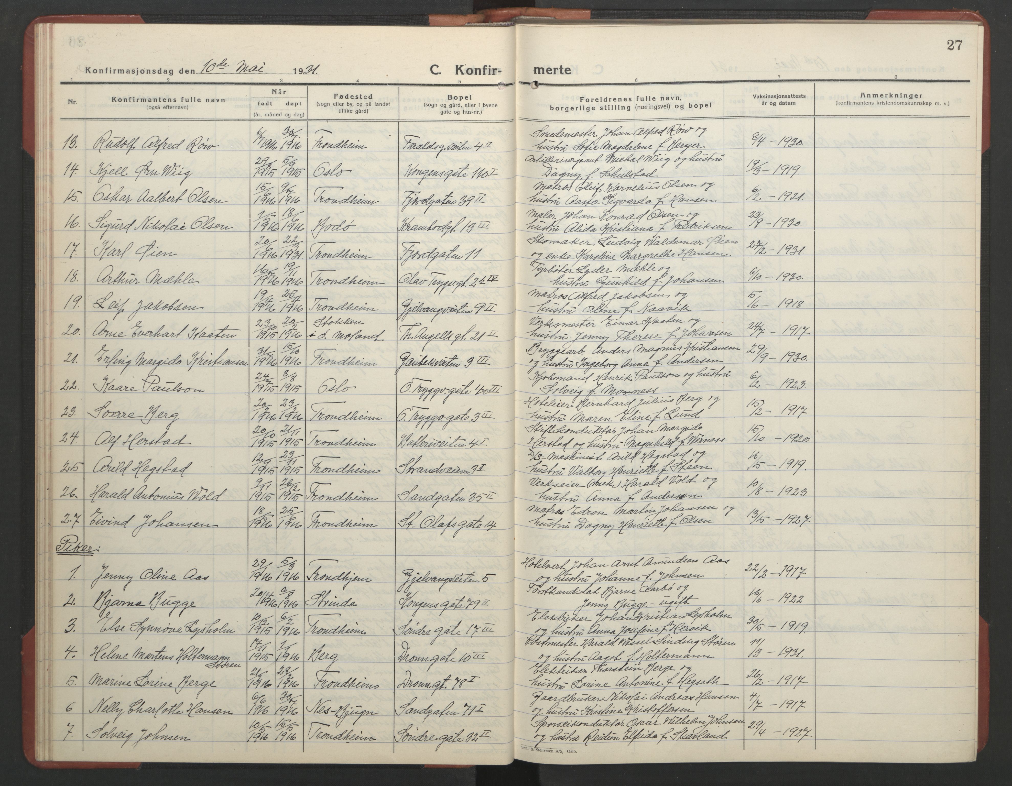 Ministerialprotokoller, klokkerbøker og fødselsregistre - Sør-Trøndelag, SAT/A-1456/602/L0151: Parish register (copy) no. 602C19, 1925-1951, p. 27