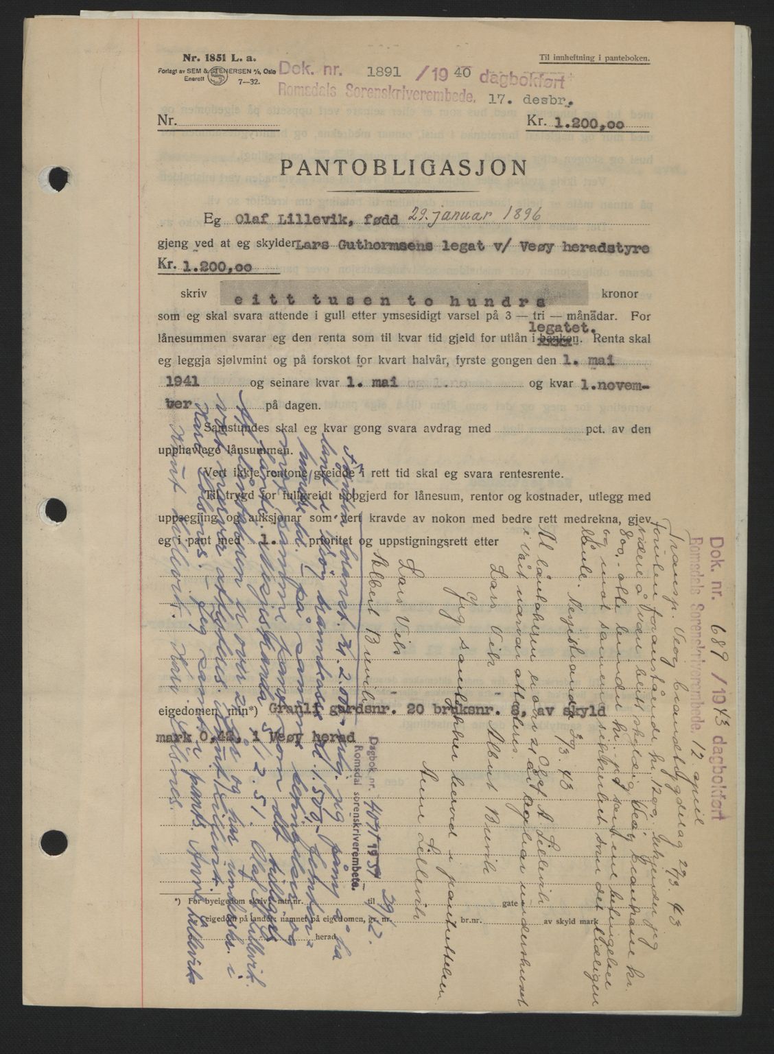 Romsdal sorenskriveri, AV/SAT-A-4149/1/2/2C: Mortgage book no. B2, 1939-1945, Diary no: : 1891/1940