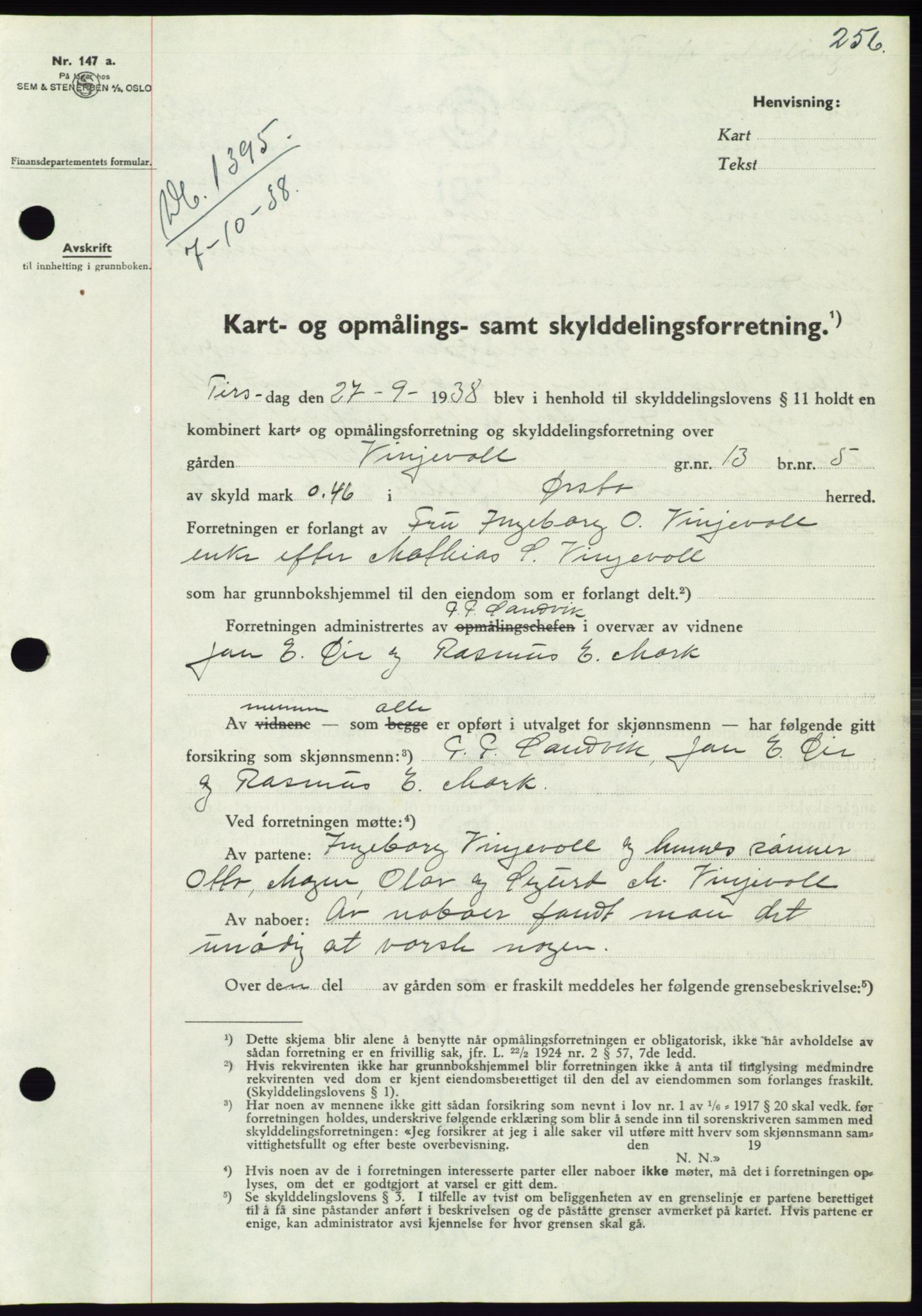 Søre Sunnmøre sorenskriveri, AV/SAT-A-4122/1/2/2C/L0066: Mortgage book no. 60, 1938-1938, Diary no: : 1395/1938