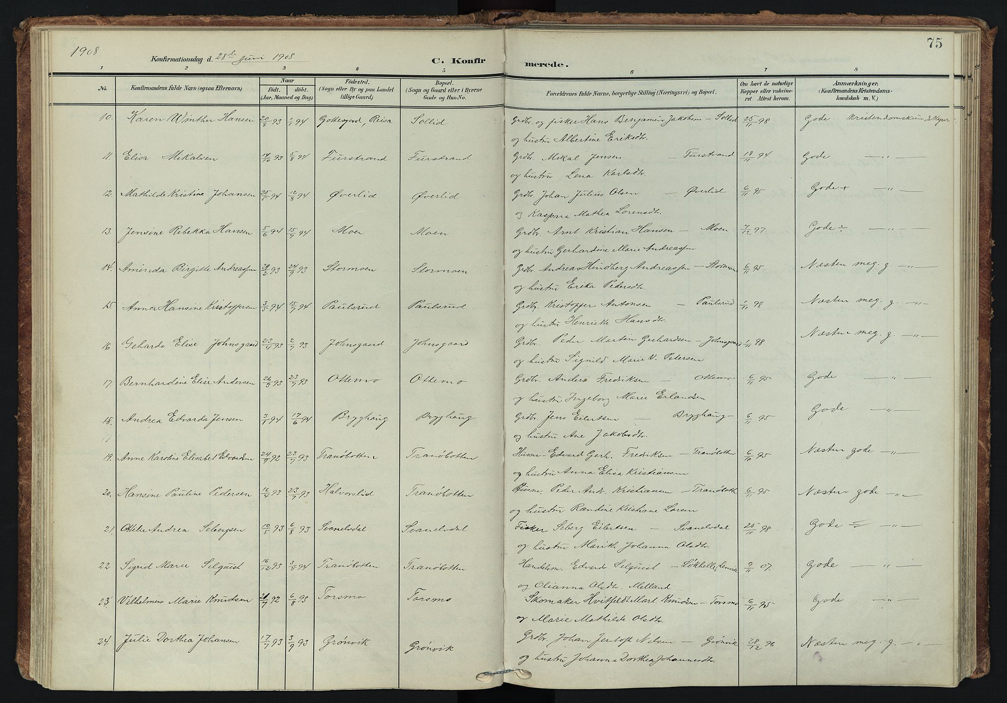 Tranøy sokneprestkontor, SATØ/S-1313/I/Ia/Iaa/L0014kirke: Parish register (official) no. 14, 1905-1919, p. 75