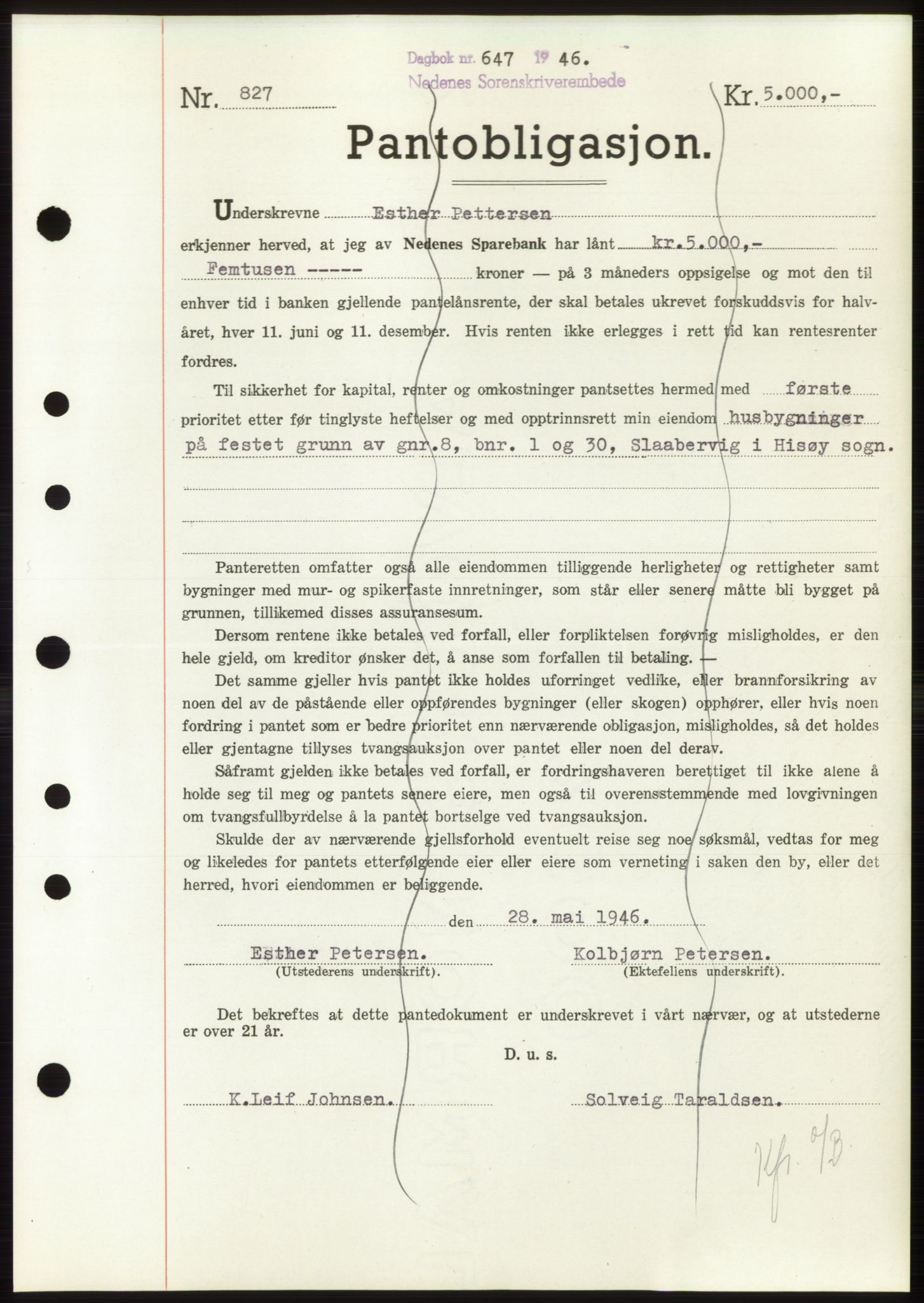 Nedenes sorenskriveri, AV/SAK-1221-0006/G/Gb/Gbb/L0003: Mortgage book no. B3b, 1946-1946, Diary no: : 647/1946