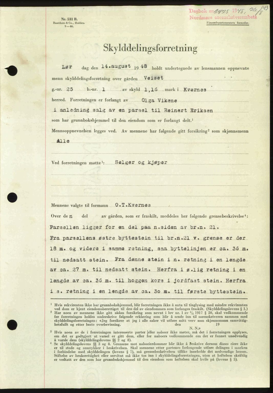 Nordmøre sorenskriveri, AV/SAT-A-4132/1/2/2Ca: Mortgage book no. A109, 1948-1948, Diary no: : 2425/1948