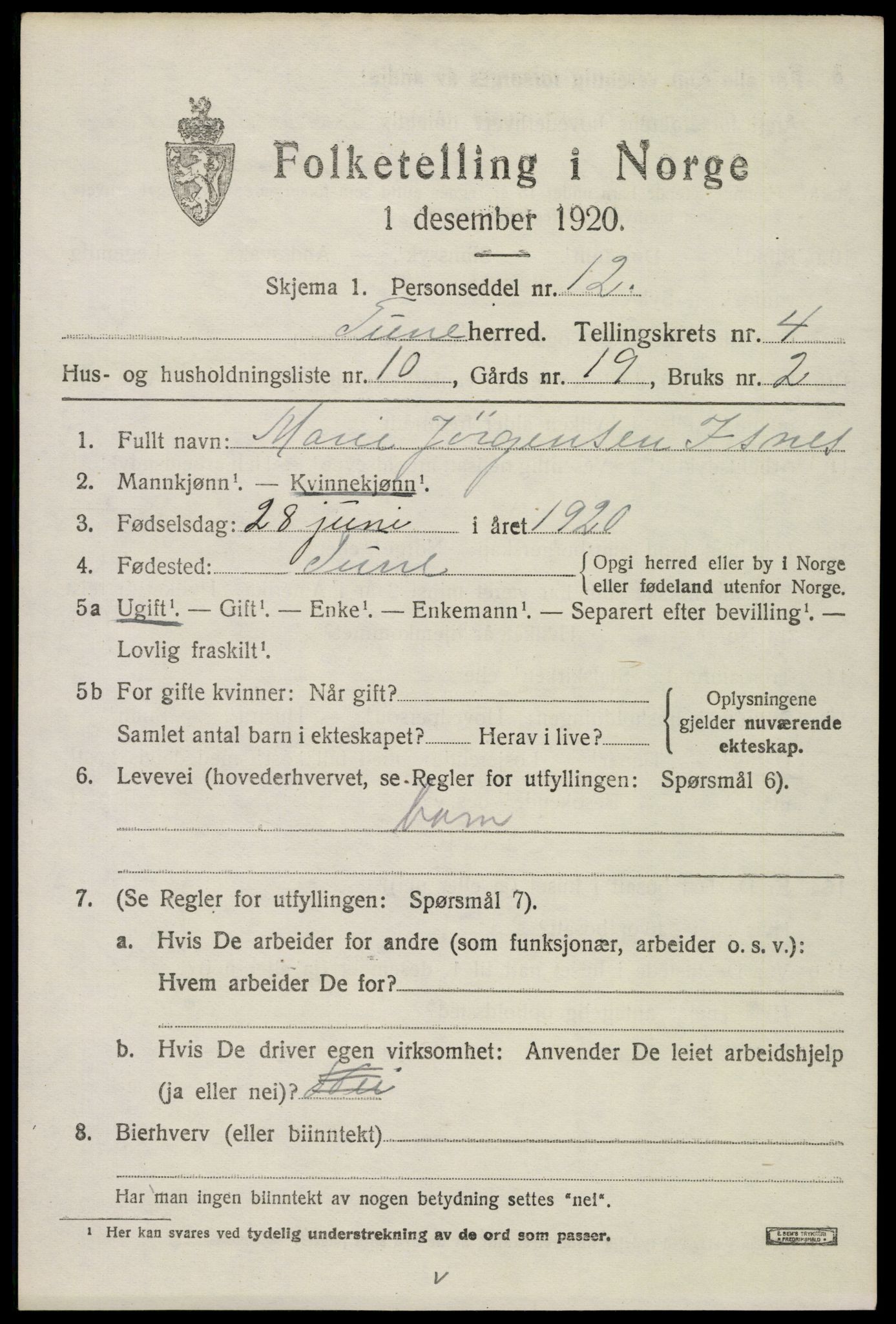 SAO, 1920 census for Tune, 1920, p. 5168