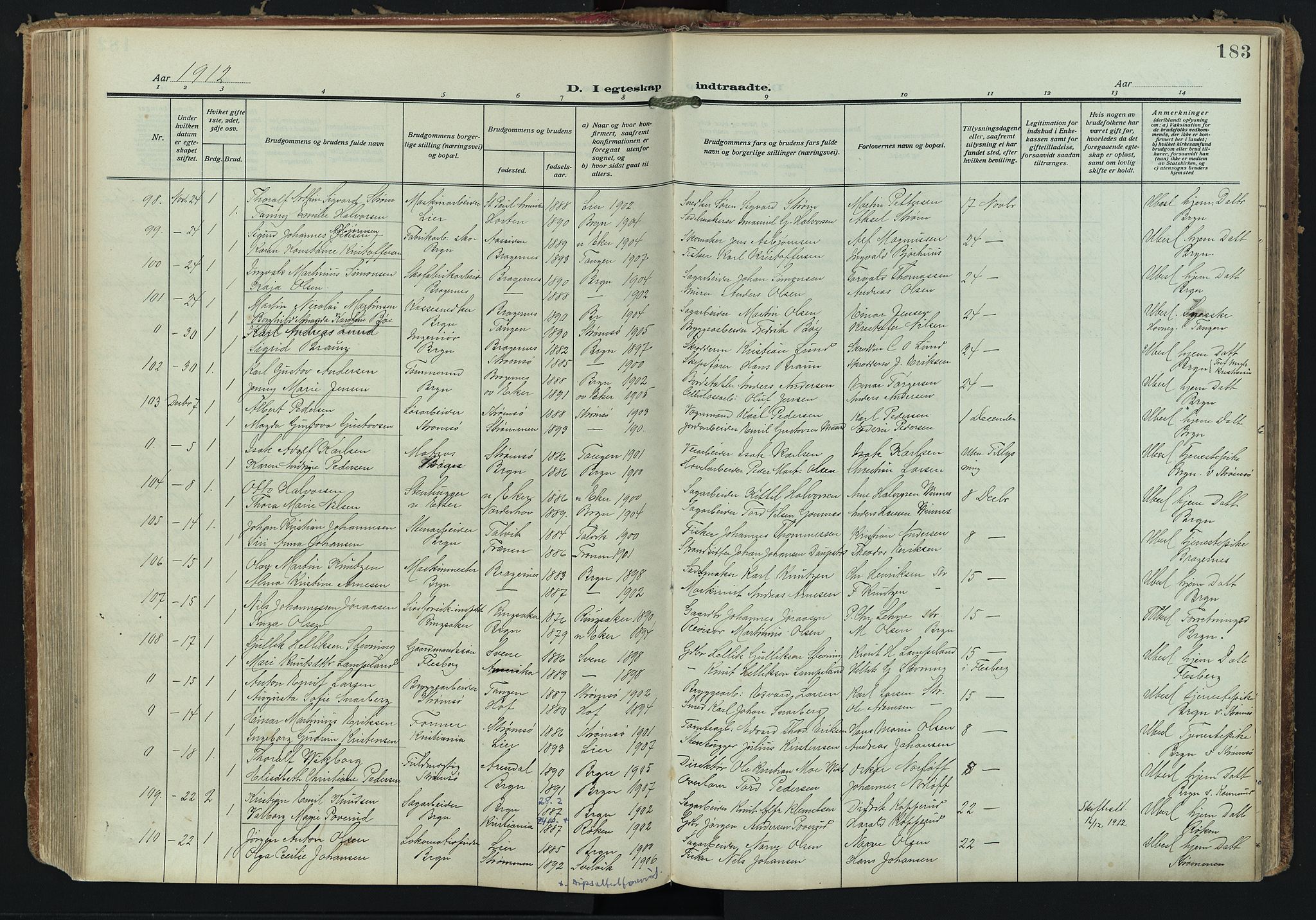 Bragernes kirkebøker, SAKO/A-6/F/Fc/L0008: Parish register (official) no. III 8, 1909-1921, p. 183