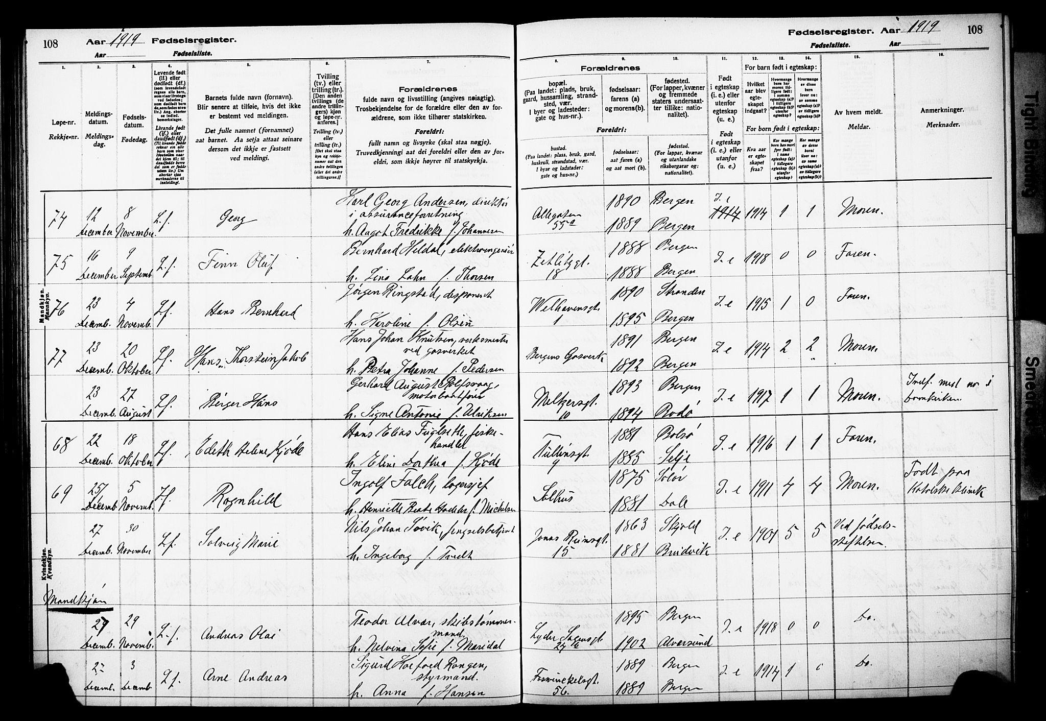 Johanneskirken sokneprestembete, AV/SAB-A-76001/I/Id/L00A1: Birth register no. A 1, 1916-1924, p. 108