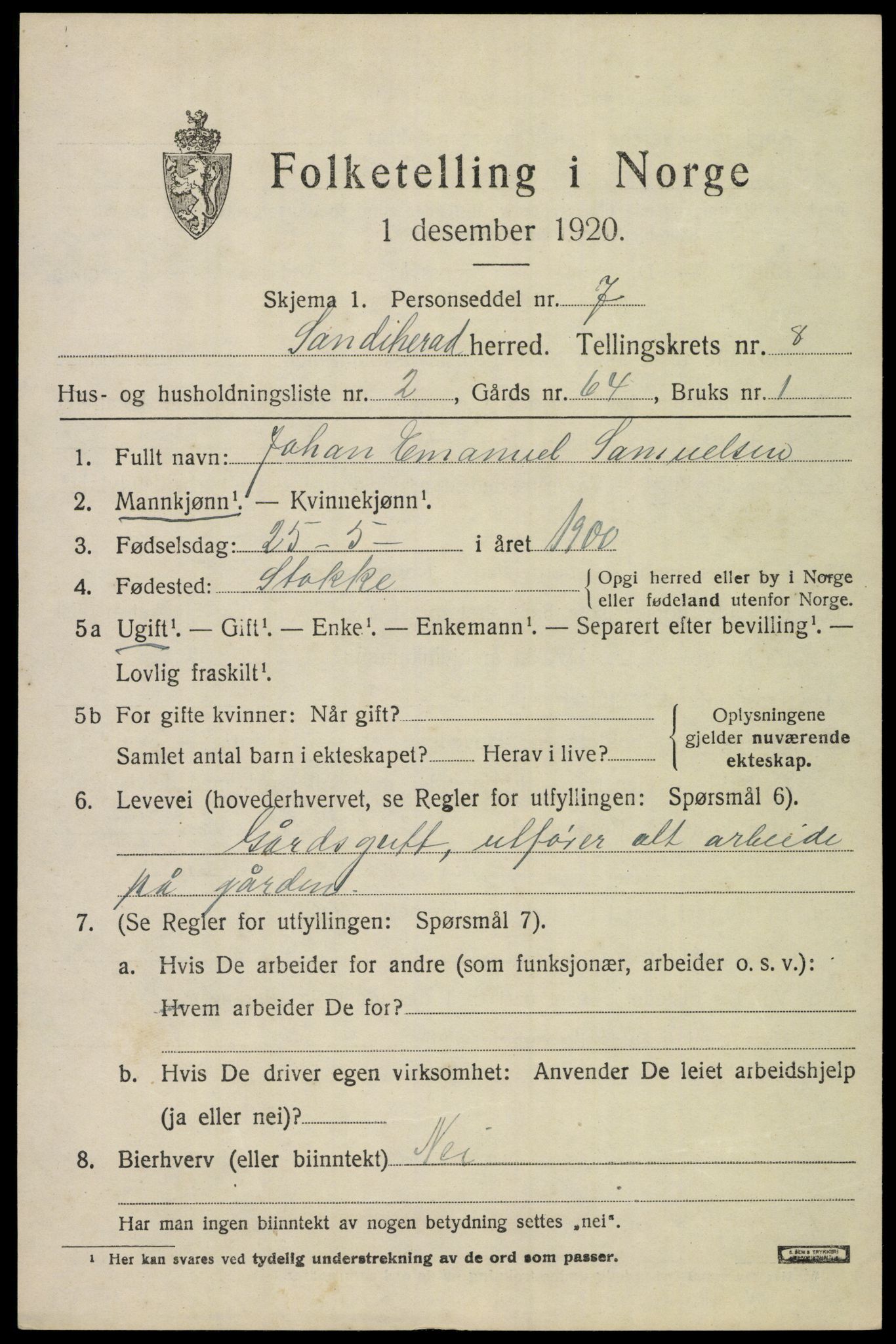 SAKO, 1920 census for Sandeherred, 1920, p. 12730