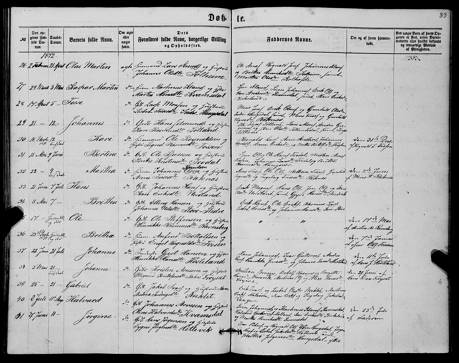 Masfjorden Sokneprestembete, AV/SAB-A-77001: Parish register (copy) no. A 1, 1851-1875, p. 83