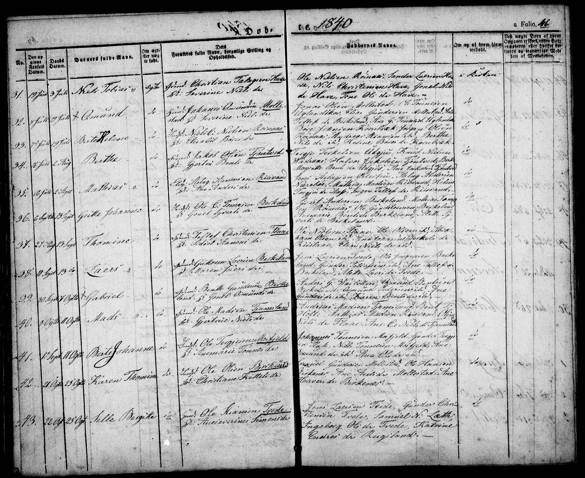 Birkenes sokneprestkontor, AV/SAK-1111-0004/F/Fa/L0001: Parish register (official) no. A 1, 1829-1849, p. 46