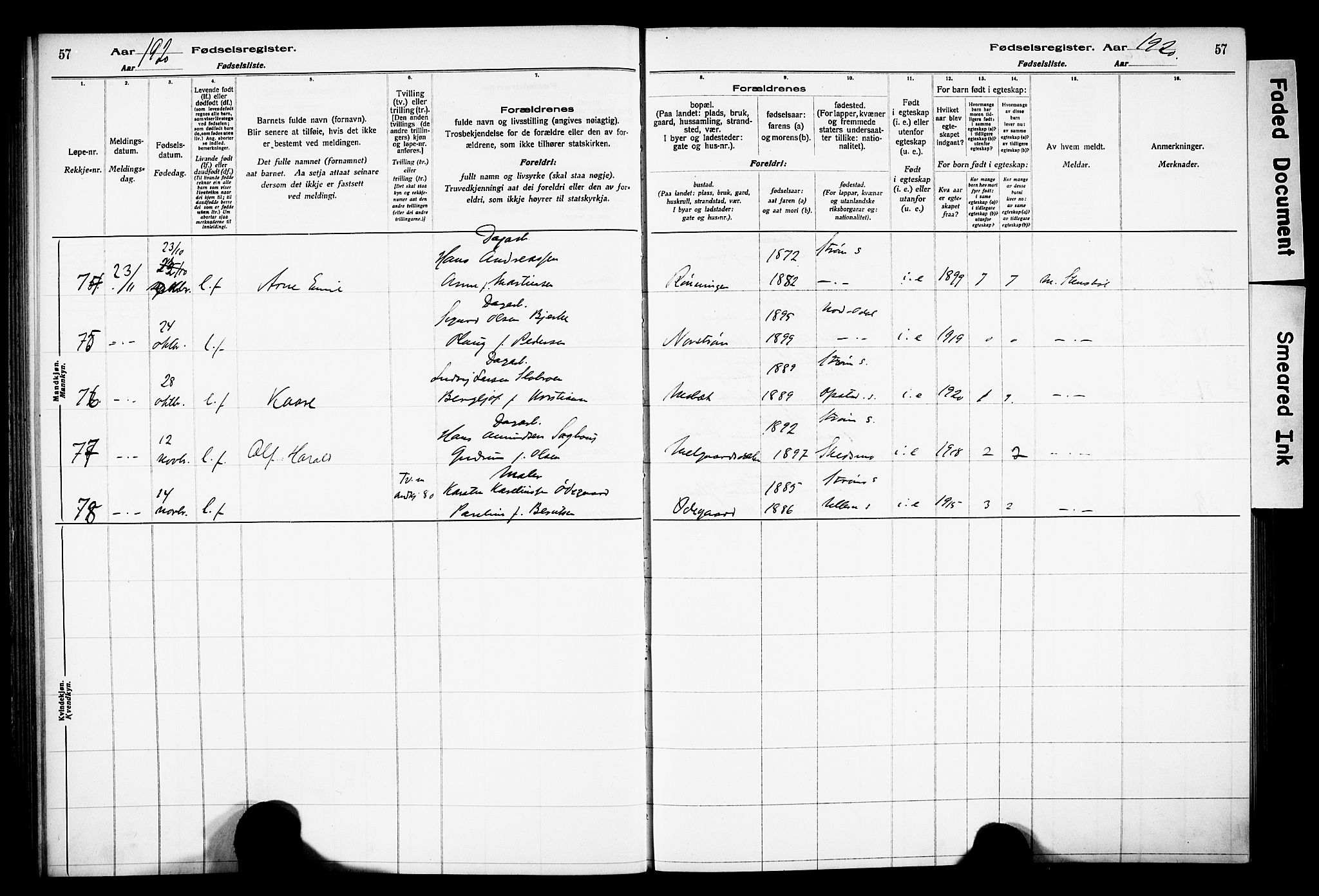 Sør-Odal prestekontor, AV/SAH-PREST-030/I/Id: Birth register no. 1, 1916-1931, p. 57