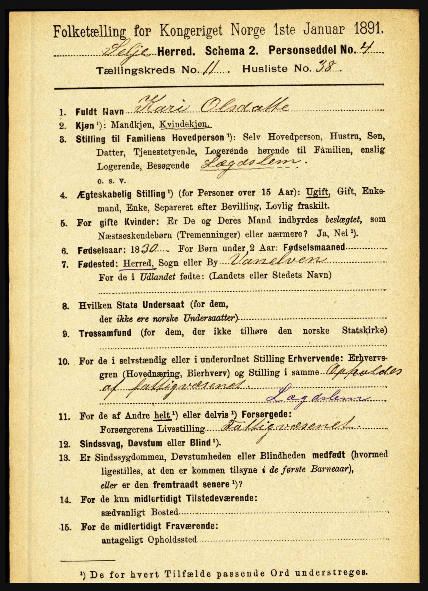 RA, 1891 census for 1441 Selje, 1891, p. 3621