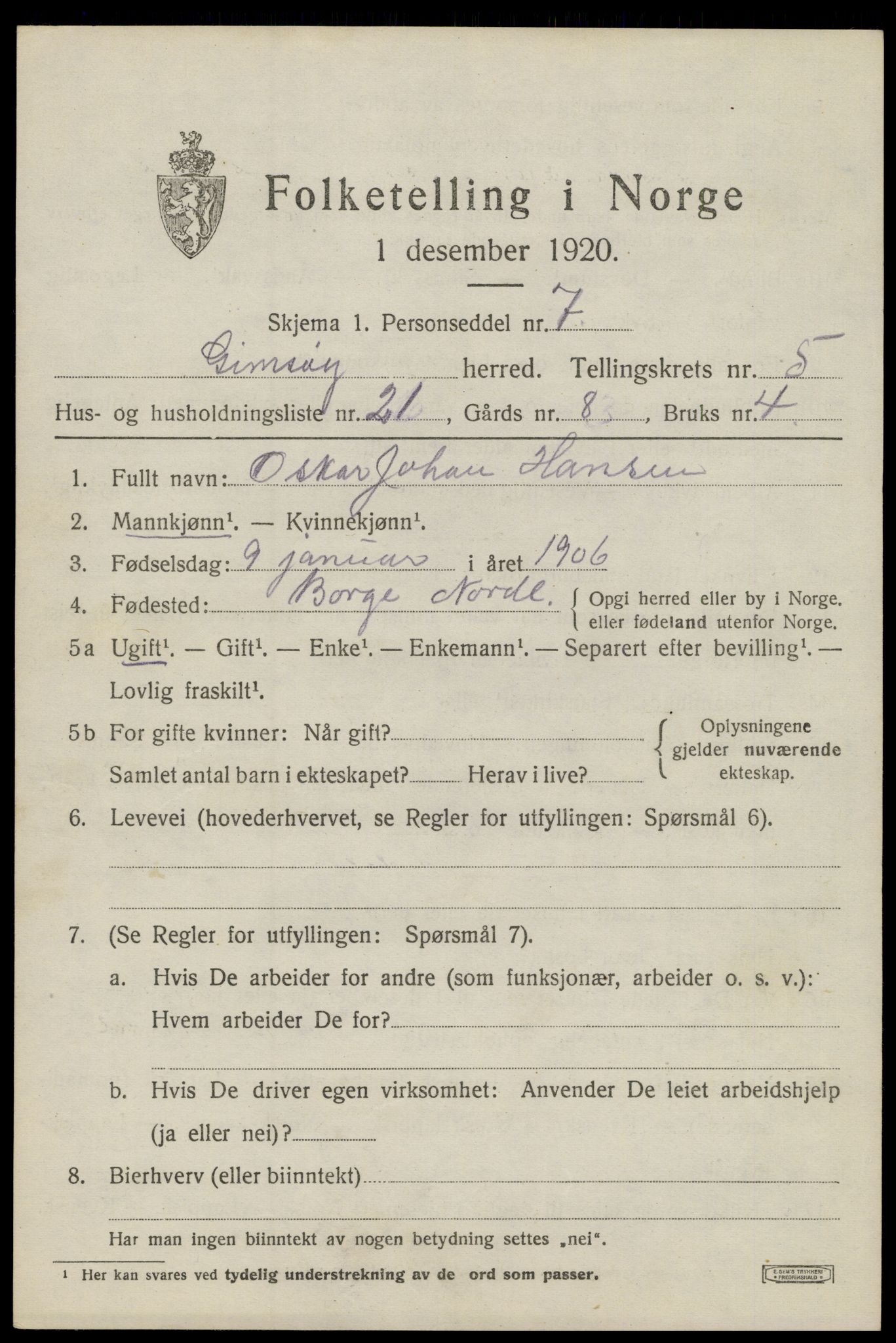 SAT, 1920 census for Gimsøy, 1920, p. 2819