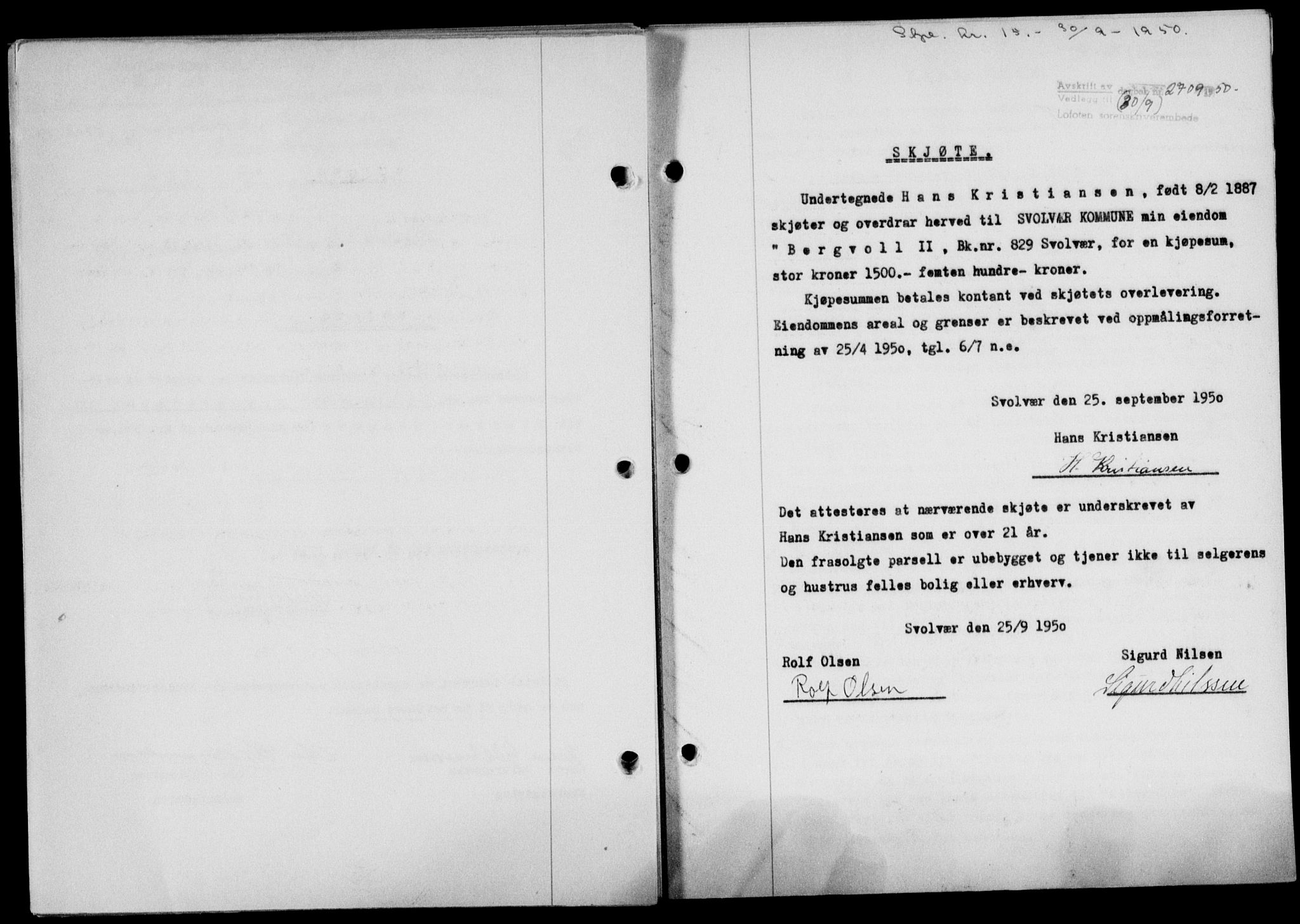 Lofoten sorenskriveri, SAT/A-0017/1/2/2C/L0024a: Mortgage book no. 24a, 1950-1950, Diary no: : 2709/1950