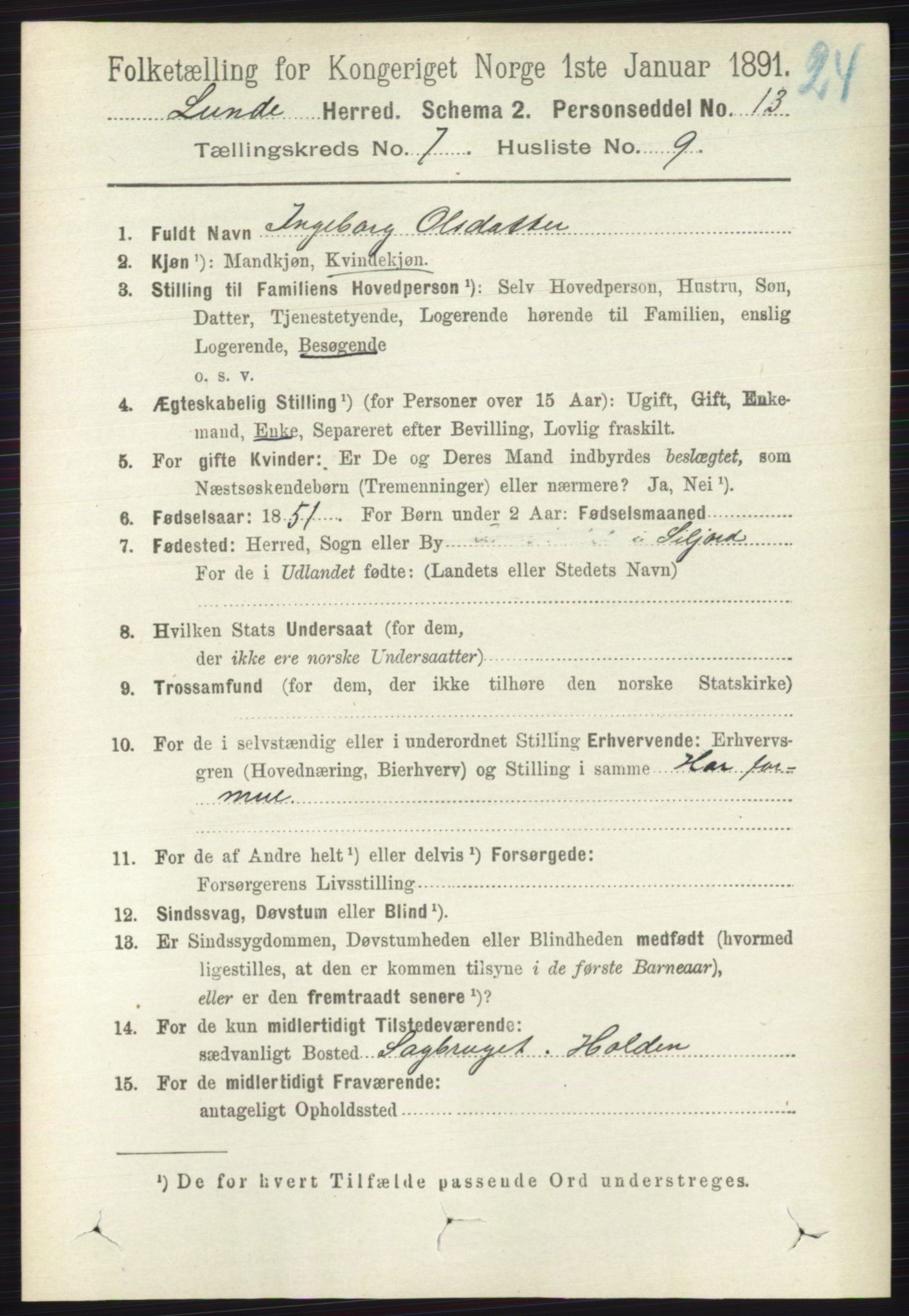 RA, 1891 census for 0820 Lunde, 1891, p. 2265