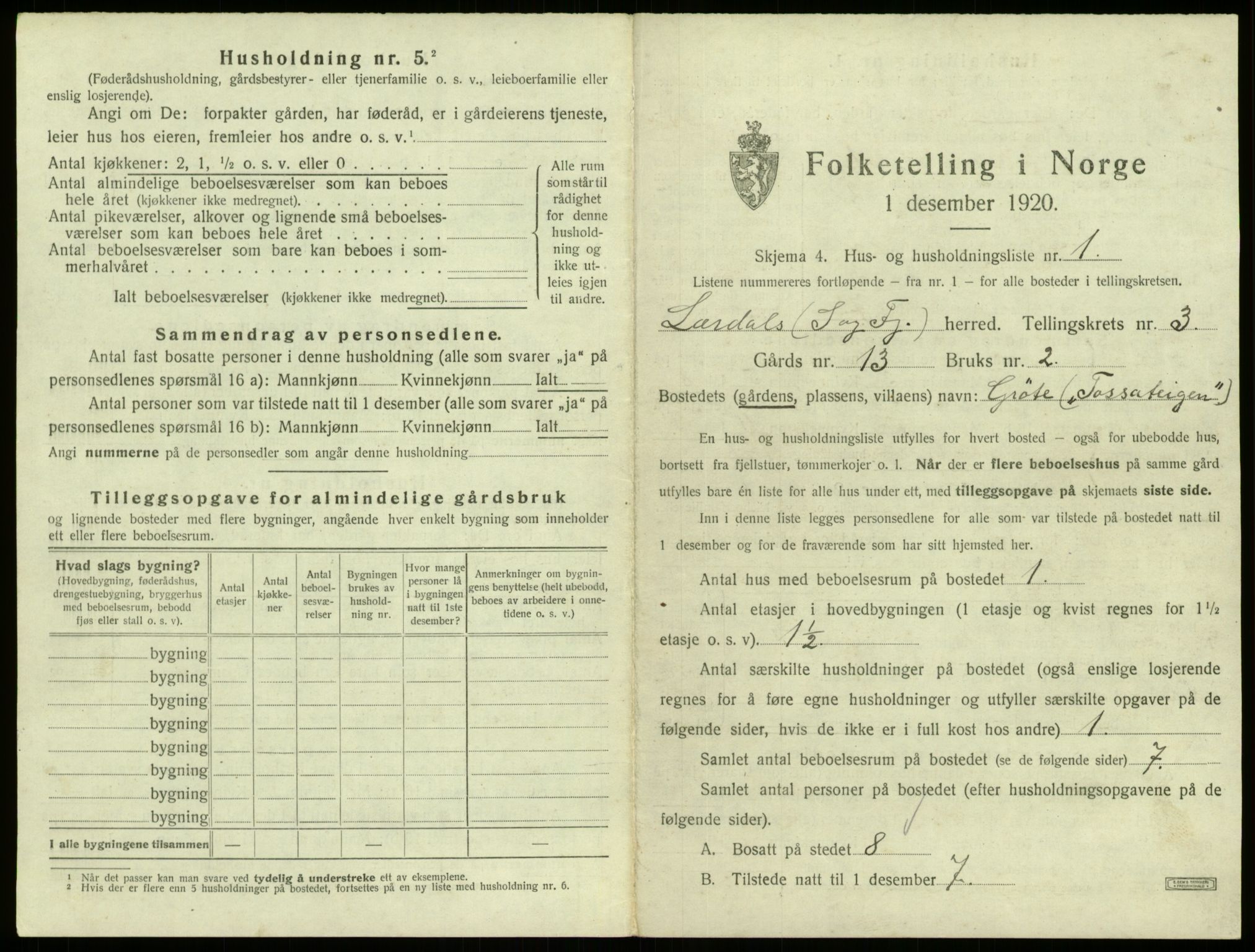 SAB, 1920 census for Lærdal, 1920, p. 217