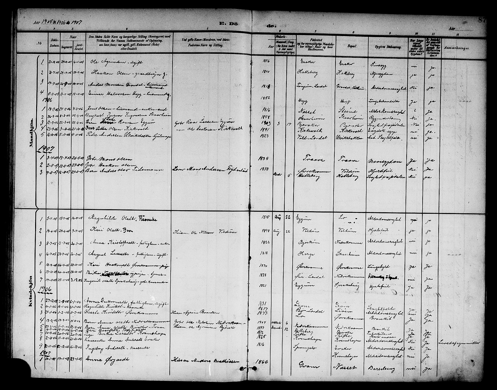 Lærdal sokneprestembete, SAB/A-81201: Parish register (copy) no. B 1, 1897-1928, p. 87